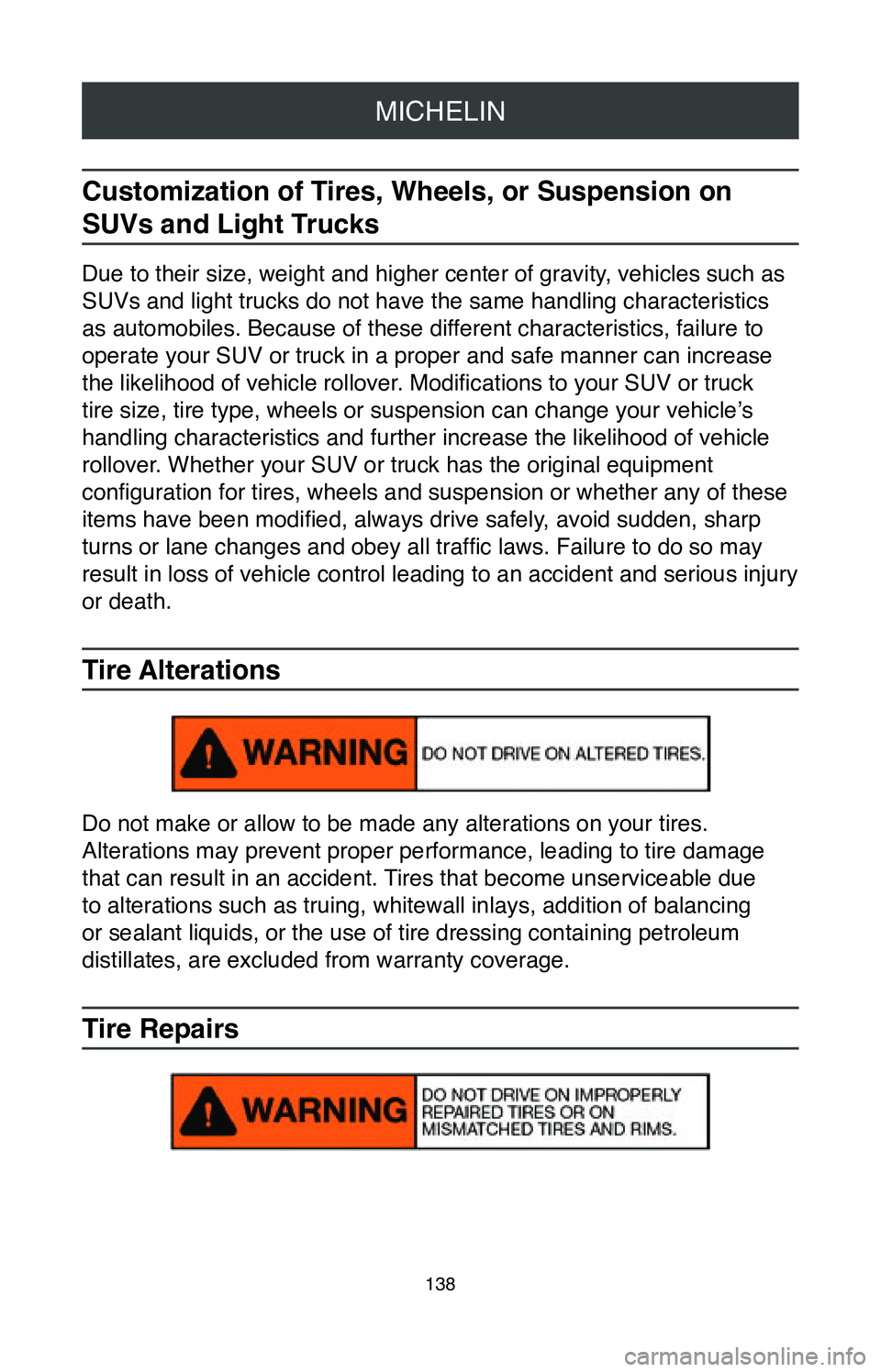 TOYOTA CAMRY 2020 Warranties & Maintenance Guides (in English) MICHELIN
138
Customization of Tires, Wheels, or Suspension on
SUVs and Light Trucks
Due to their size, weight and higher center of gravity, vehicles such as
SUVs and light trucks do not have the sam TOYOTA CAMRY 2020 Warranties & Maintenance Guides (in English) MICHELIN
138
Customization of Tires, Wheels, or Suspension on
SUVs and Light Trucks
Due to their size, weight and higher center of gravity, vehicles such as
SUVs and light trucks do not have the sam