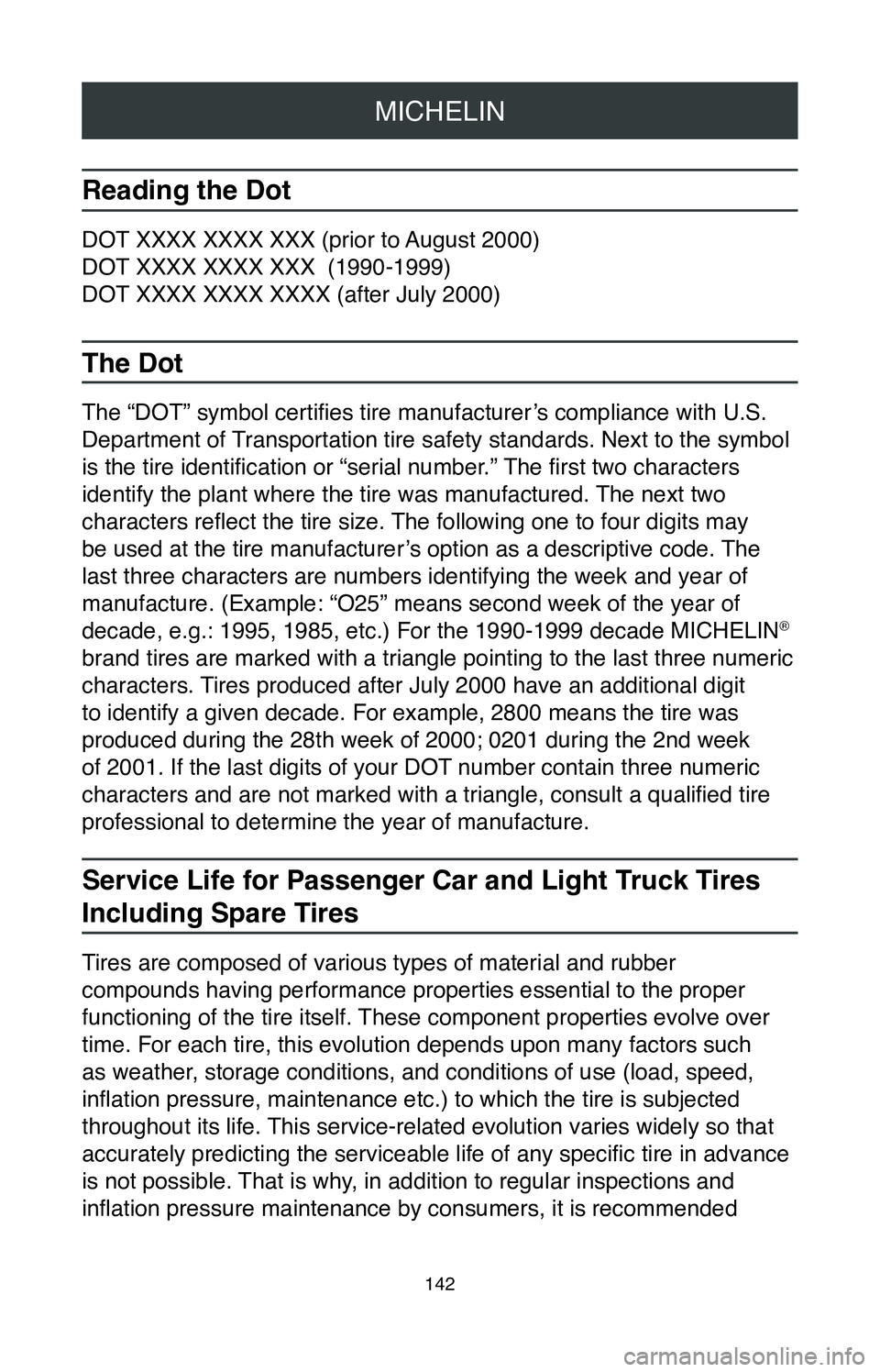 TOYOTA CAMRY 2020 Warranties & Maintenance Guides (in English) MICHELIN
142
Reading the Dot
DOT XXXX XXXX XXX (prior to August 2000)
DOT XXXX XXXX XXX
(1990-1999)
DOT XXXX XXXX XXXX (after July 2000)
The Dot
The “DOT” symbol certifies tire manufacturer’s c TOYOTA CAMRY 2020 Warranties & Maintenance Guides (in English) MICHELIN
142
Reading the Dot
DOT XXXX XXXX XXX (prior to August 2000)
DOT XXXX XXXX XXX
(1990-1999)
DOT XXXX XXXX XXXX (after July 2000)
The Dot
The “DOT” symbol certifies tire manufacturer’s c