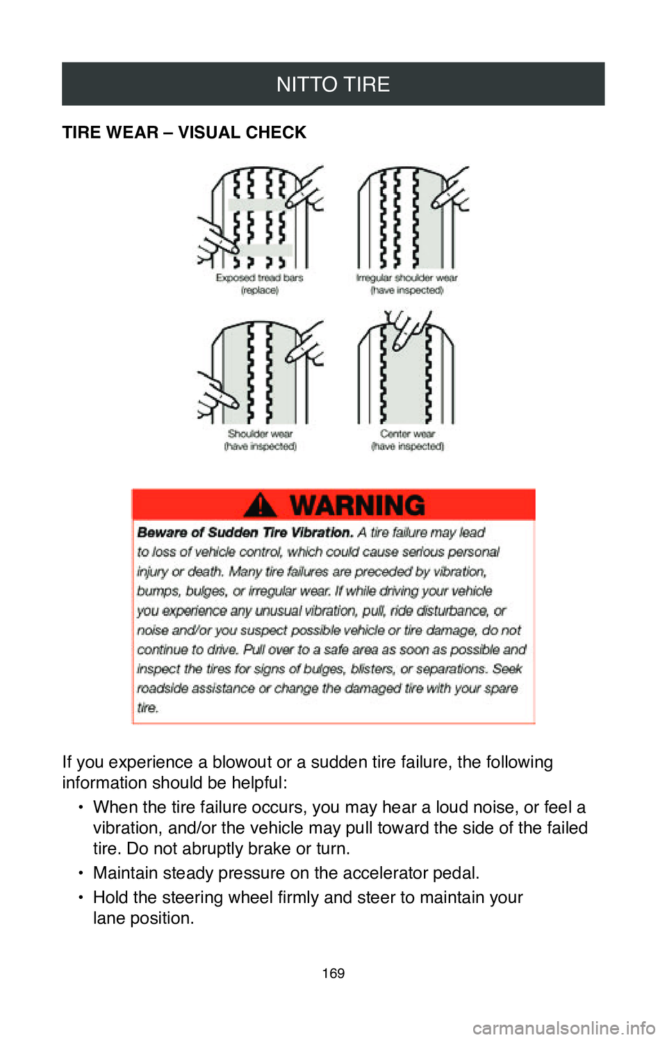 TOYOTA CAMRY 2020  Warranties & Maintenance Guides (in English) NITTO TIRE
169
TIRE WEAR – VISUAL CHECK
If you experience a blowout or a sudden tire failure, the following 
information should be helpful:•
 When the tire failure occurs, you may hear a loud nois
