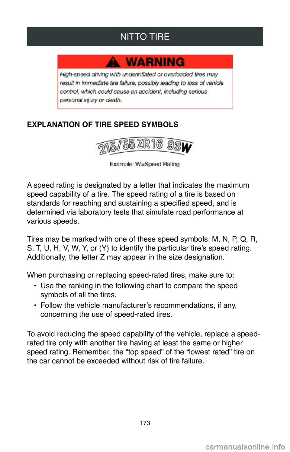 TOYOTA CAMRY 2020 Warranties & Maintenance Guides (in English) NITTO TIRE
173
EXPLANATION OF TIRE SPEED SYMBOLS
A speed rating is designated by a letter that indicates the maximum
speed capability of a tire. The speed rating of a tire is based on
standards for re TOYOTA CAMRY 2020 Warranties & Maintenance Guides (in English) NITTO TIRE
173
EXPLANATION OF TIRE SPEED SYMBOLS
A speed rating is designated by a letter that indicates the maximum
speed capability of a tire. The speed rating of a tire is based on
standards for re