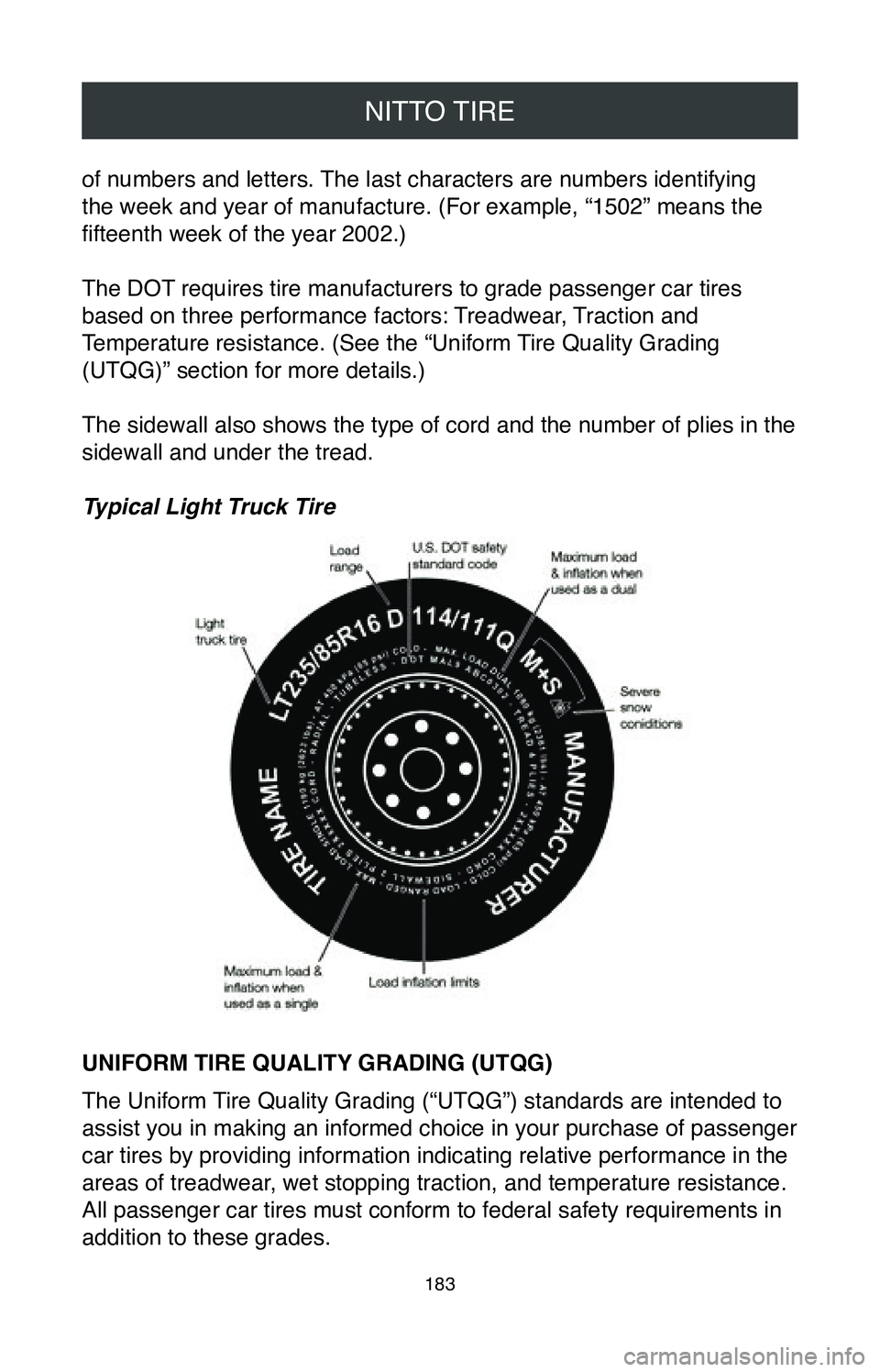 TOYOTA CAMRY 2020  Warranties & Maintenance Guides (in English) NITTO TIRE
183
of numbers and letters. The last characters are numbers identifying 
the week and year of manufacture. (For example, “1502” means the 
fifteenth week of the year 2002.)
The DOT requ
