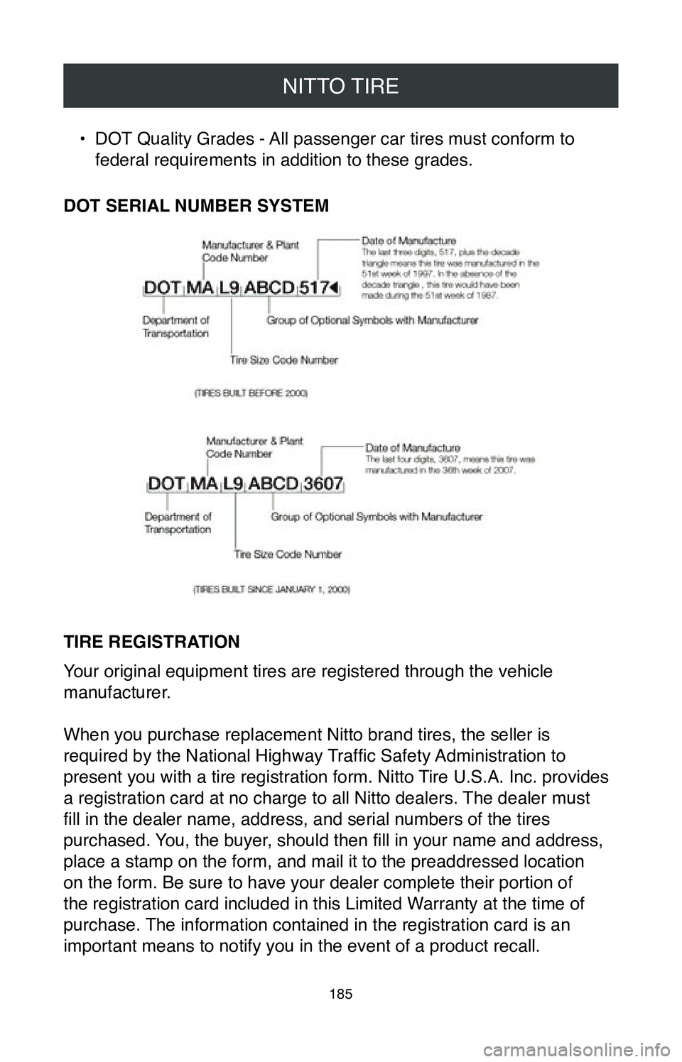 TOYOTA CAMRY 2020 Warranties & Maintenance Guides (in English) NITTO TIRE
185
• DOT Quality Grades - All passenger car tires must conform to
federal requirements in addition to these grades.
DOT SERIAL NUMBER SYSTEM
TIRE REGISTRATION
Your original equipment ti TOYOTA CAMRY 2020 Warranties & Maintenance Guides (in English) NITTO TIRE
185
• DOT Quality Grades - All passenger car tires must conform to
federal requirements in addition to these grades.
DOT SERIAL NUMBER SYSTEM
TIRE REGISTRATION
Your original equipment ti