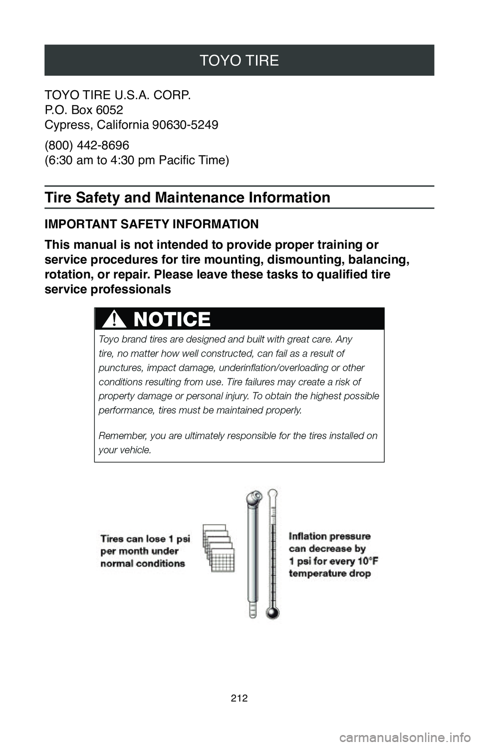 TOYOTA CAMRY 2020  Warranties & Maintenance Guides (in English) TOYO TIRE
212
TOYO TIRE U.S.A. CORP.
P.O. Box 6052
Cypress, California 90630-5249
(800) 442-8696
(6:30 am to 4:30 pm Pacific Time)
Tire Safety and Maintenance Information
IMPORTANT SAFETY INFORMATION
