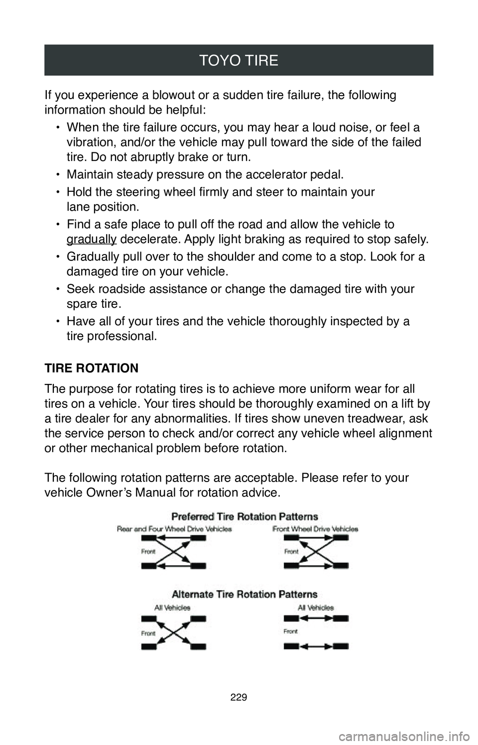 TOYOTA CAMRY 2020 Warranties & Maintenance Guides (in English) TOYO TIRE
229
If you experience a blowout or a sudden tire failure, the following
information should be helpful:•
When the tire failure occurs, you may hear a loud noise, or feel a
vibration, and TOYOTA CAMRY 2020 Warranties & Maintenance Guides (in English) TOYO TIRE
229
If you experience a blowout or a sudden tire failure, the following
information should be helpful:•
When the tire failure occurs, you may hear a loud noise, or feel a
vibration, and