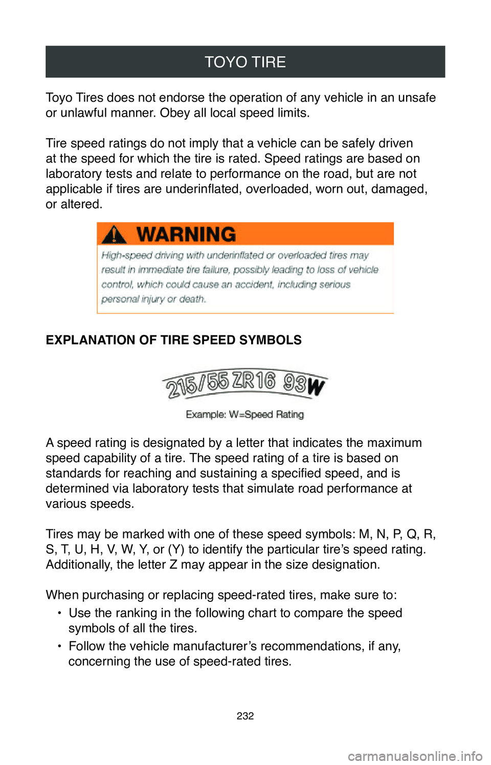 TOYOTA CAMRY 2020 Warranties & Maintenance Guides (in English) TOYO TIRE
232
Toyo Tires does not endorse the operation of any vehicle in an unsafe
or unlawful manner. Obey all local speed limits.
Tire speed ratings do not imply that a vehicle can be safely drive TOYOTA CAMRY 2020 Warranties & Maintenance Guides (in English) TOYO TIRE
232
Toyo Tires does not endorse the operation of any vehicle in an unsafe
or unlawful manner. Obey all local speed limits.
Tire speed ratings do not imply that a vehicle can be safely drive