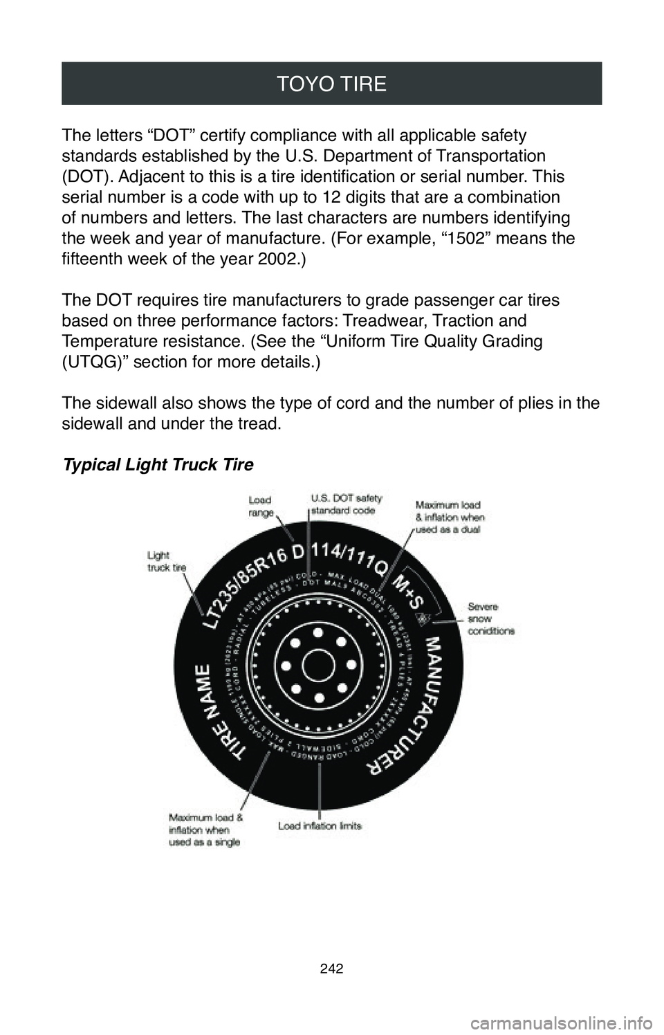 TOYOTA CAMRY 2020  Warranties & Maintenance Guides (in English) TOYO TIRE
242
The letters “DOT” certify compliance with all applicable safety 
standards established by the U.S. Department of Transportation 
(DOT). Adjacent to this is a tire identification or s