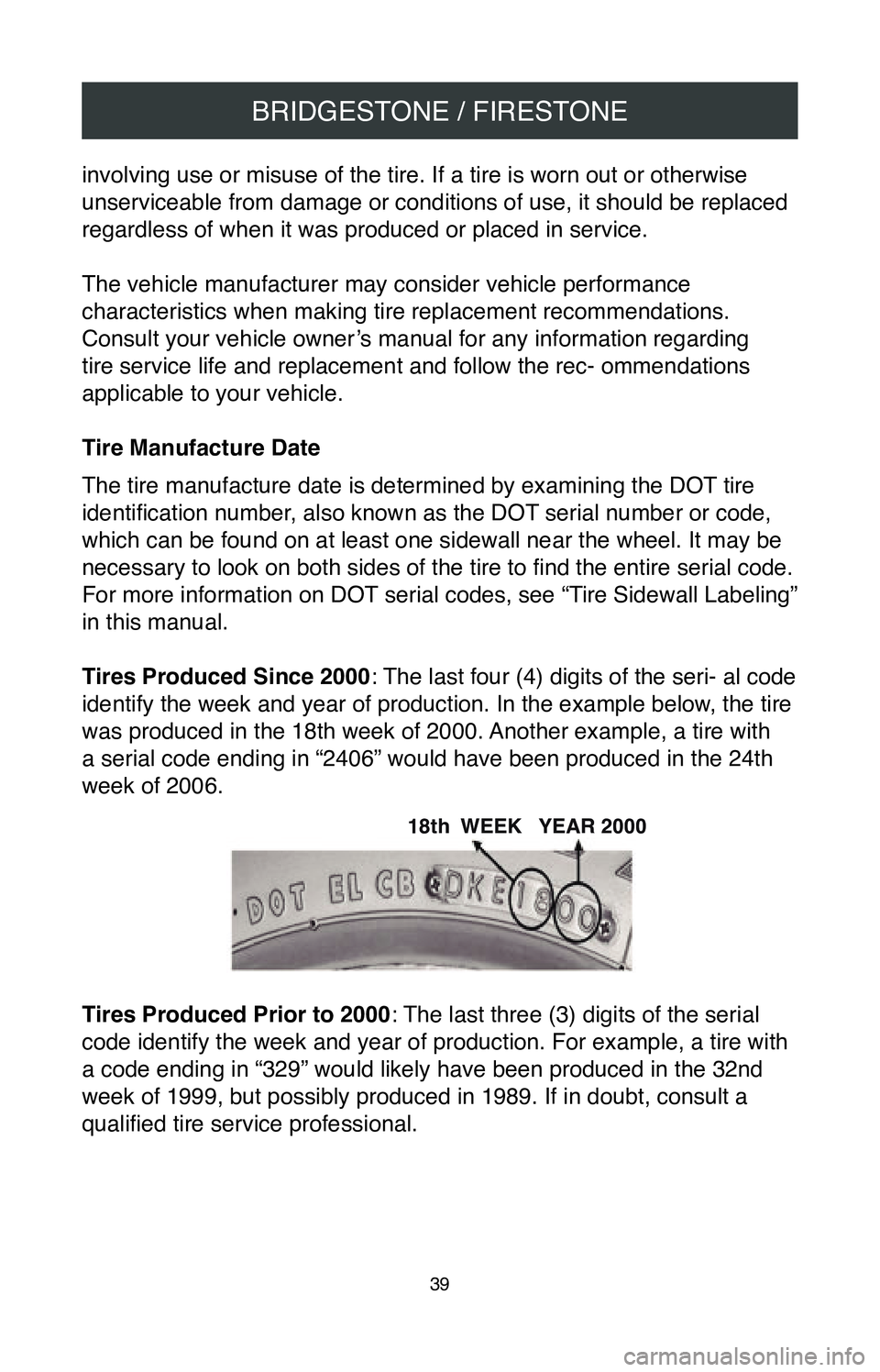 TOYOTA CAMRY 2020 Warranties & Maintenance Guides (in English) BRIDGESTONE / FIRESTONE
39
involving use or misuse of the tire. If a tire is worn out or otherwise \
unserviceable from damage or conditions of use, it should be replaced
regardless of when it was p TOYOTA CAMRY 2020 Warranties & Maintenance Guides (in English) BRIDGESTONE / FIRESTONE
39
involving use or misuse of the tire. If a tire is worn out or otherwise \
unserviceable from damage or conditions of use, it should be replaced
regardless of when it was p