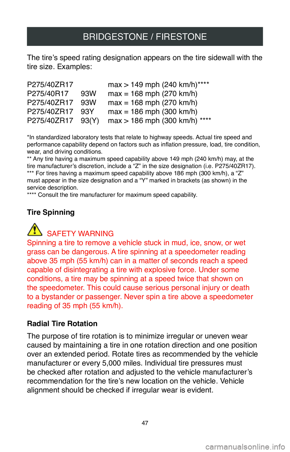TOYOTA CAMRY 2020 Warranties & Maintenance Guides (in English) BRIDGESTONE / FIRESTONE
47
The tire’s speed rating designation appears on the tire sidewall with the
tire size. Examples:
P275/40ZR17
max > 149 mph (240 km/h)****
P275/40R17
93W max = 168 mph ( TOYOTA CAMRY 2020 Warranties & Maintenance Guides (in English) BRIDGESTONE / FIRESTONE
47
The tire’s speed rating designation appears on the tire sidewall with the
tire size. Examples:
P275/40ZR17
max > 149 mph (240 km/h)****
P275/40R17
93W max = 168 mph (