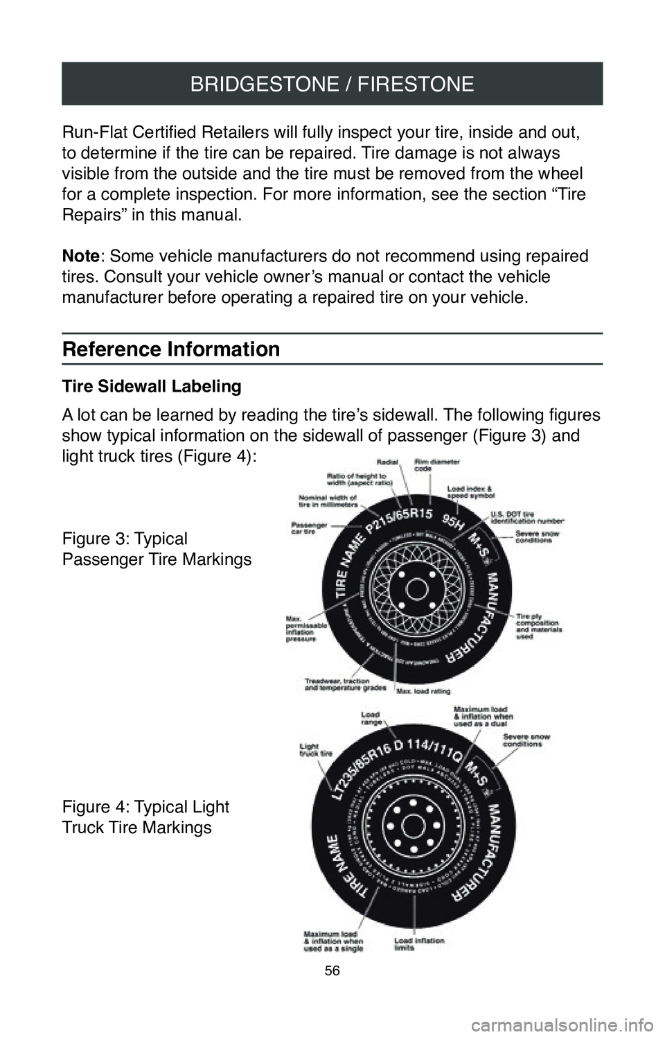 TOYOTA CAMRY 2020  Warranties & Maintenance Guides (in English) BRIDGESTONE / FIRESTONE
56
Run-Flat Certified Retailers will fully inspect your tire, inside and out, 
to determine if the tire can be repaired. Tire damage is not always 
visible from the outside and