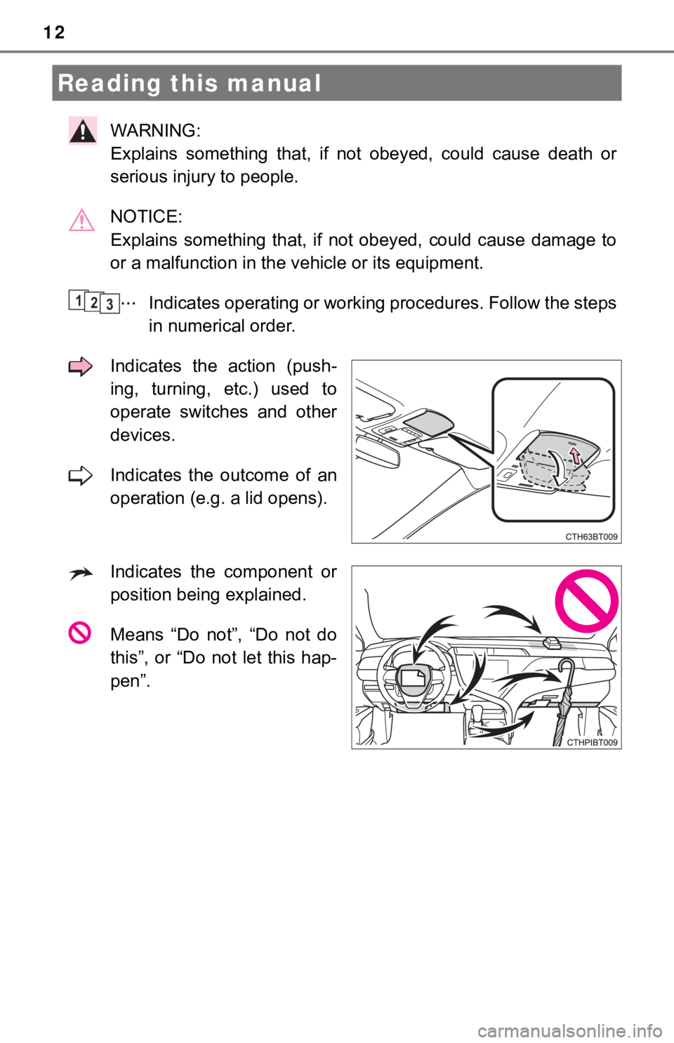 TOYOTA CAMRY HYBRID 2019  Owners Manual (in English) 12
WARNING: 
Explains  something  that,  if  not obeyed, could cause death or
serious injury to people.
NOTICE: 
Explains  something  that,  if  not  obeyed,  could  cause  damage  to
or a malfunction