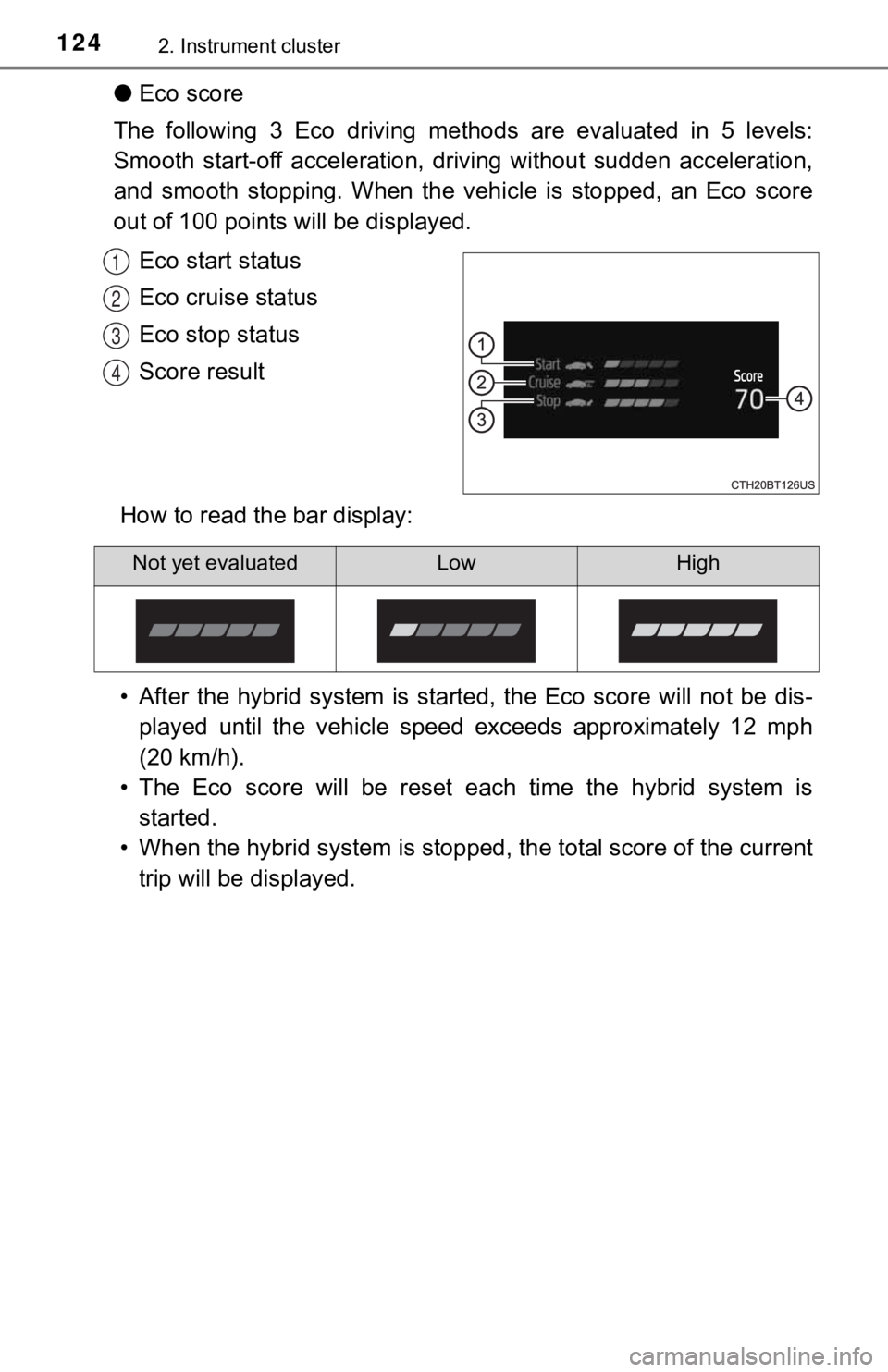 TOYOTA CAMRY HYBRID 2019  Owners Manual (in English) 1242. Instrument cluster
●Eco score
The  following  3  Eco  driving  met hods  are  evaluated  in  5  levels:
Smooth  start-off  acceleration,  driving  without  sudden  accelerat ion,
and  smooth  