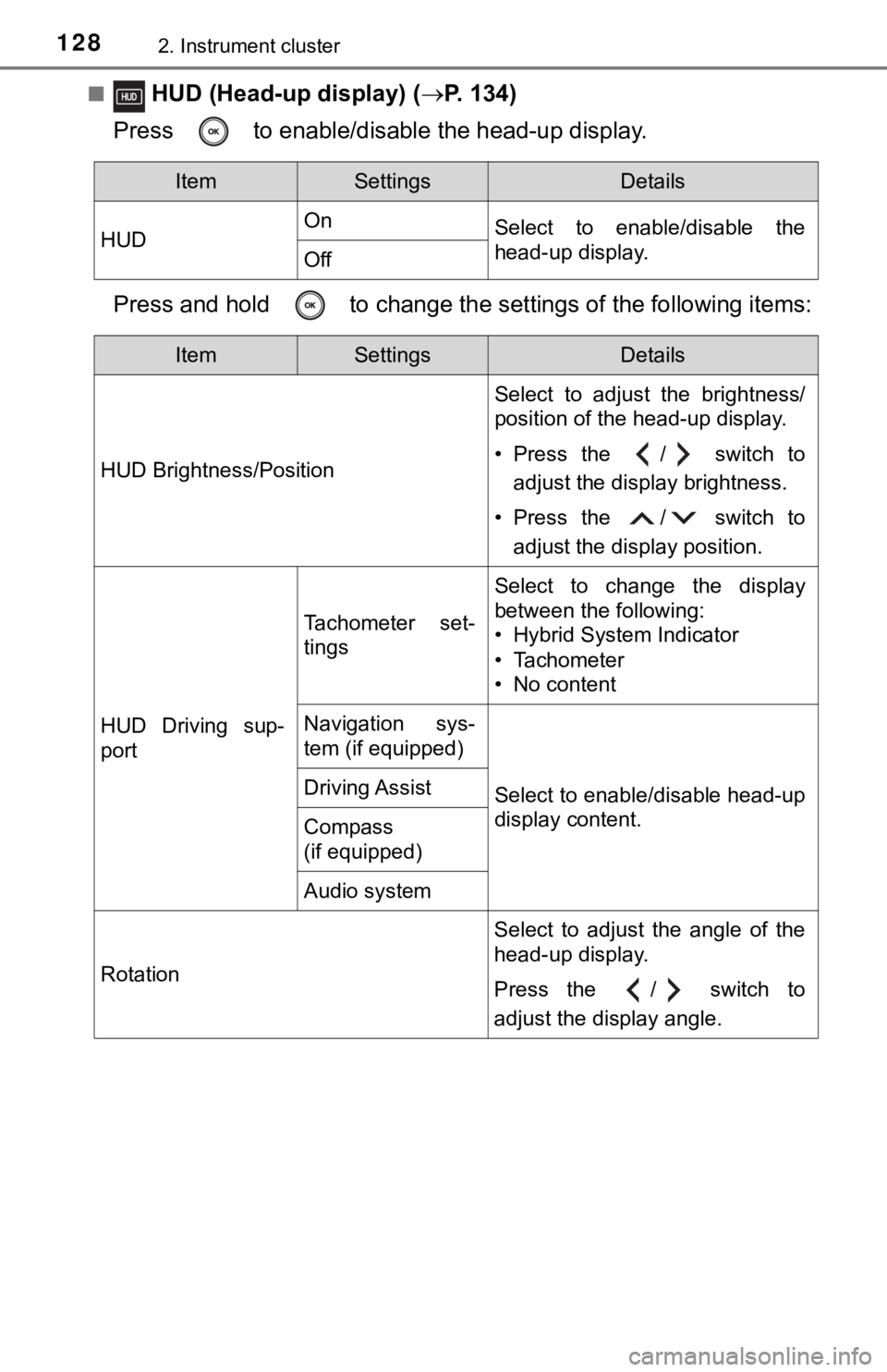 TOYOTA CAMRY HYBRID 2019  Owners Manual (in English) 1282. Instrument cluster
■ HUD (Head-up display) (P. 134)
Press   to enable/disable the head-up display.
Press and hold   to change the se ttings of the following items:
ItemSettingsDetails
HUD O