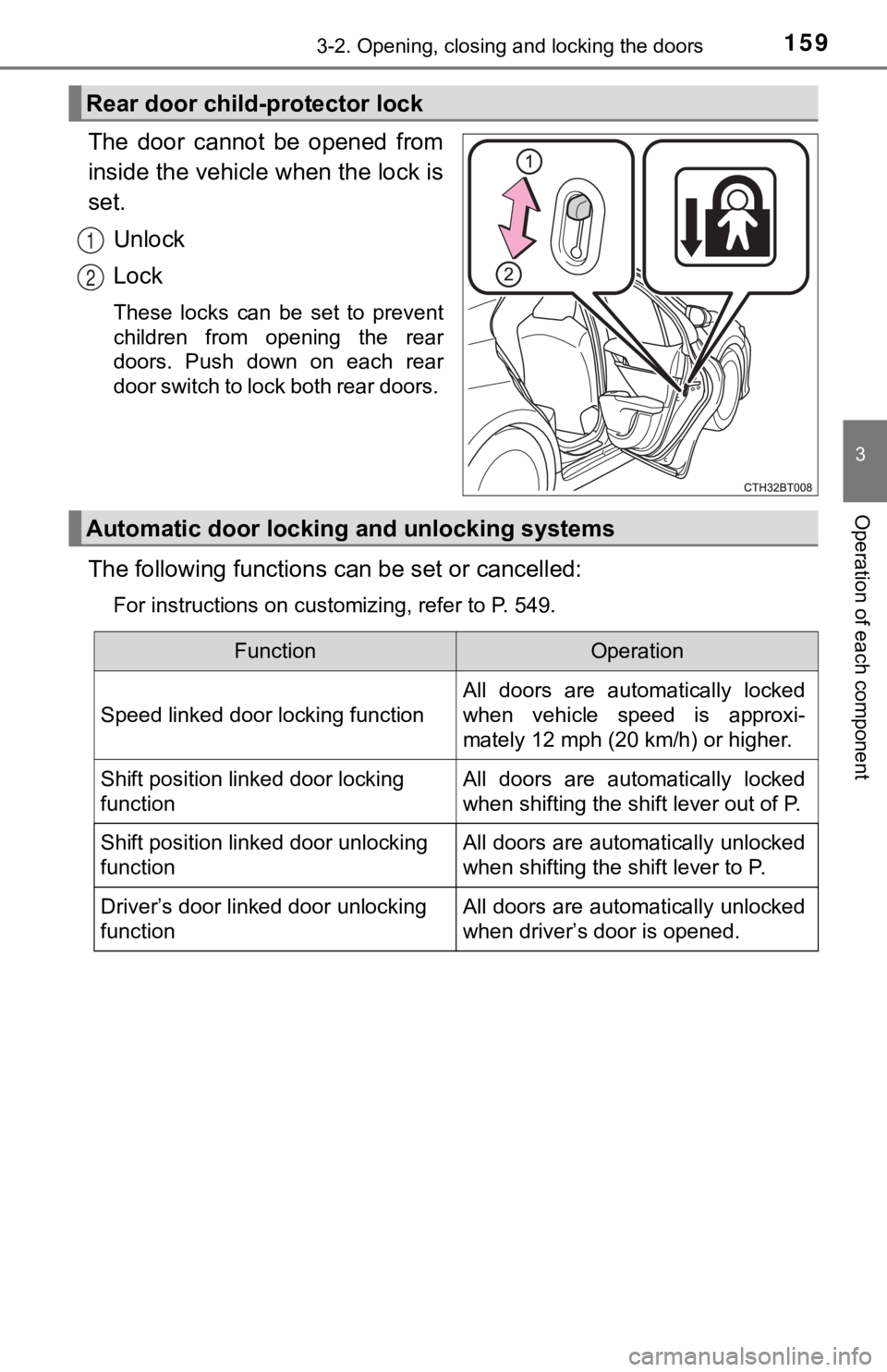 TOYOTA CAMRY HYBRID 2019  Owners Manual (in English) 1593-2. Opening, closing and locking the doors
3
Operation of each component
The  door  cannot  be  opened  from
inside the vehicle when the lock is
set.
Unlock
Lock
These  locks  can  be  set  to  pr