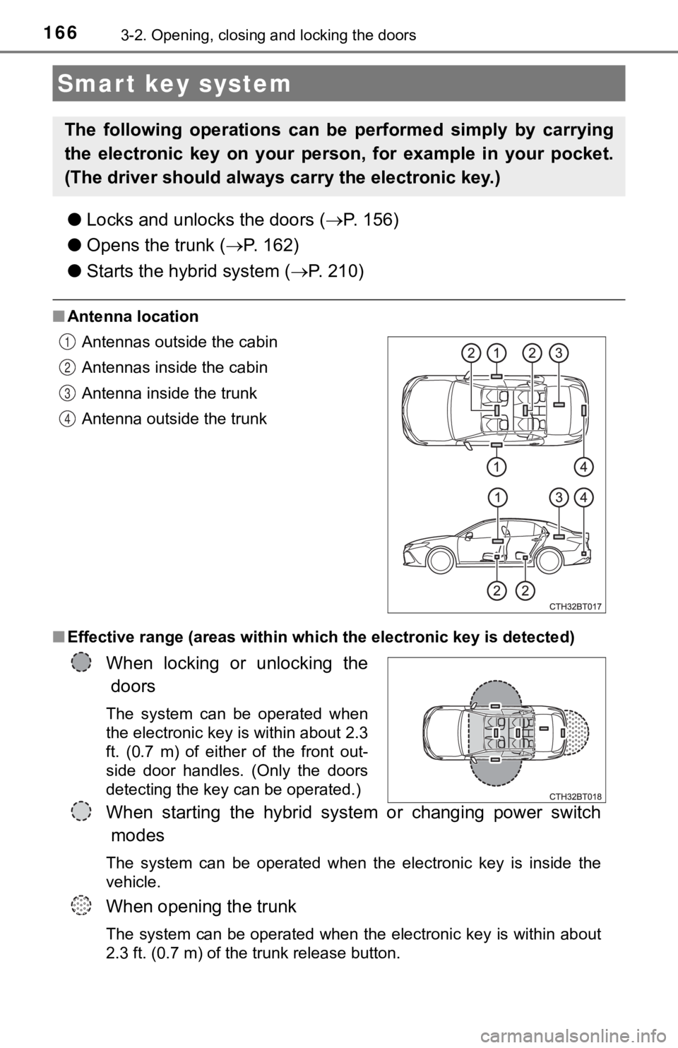 TOYOTA CAMRY HYBRID 2019 Owners Manual (in English) 1663-2. Opening, closing and locking the doors
●Locks and unloc ks the doors (P. 156)
● Opens the trunk ( P. 1 6 2 )
● Starts the hybrid system ( P. 2 1 0 )
■Antenna location
■ TOYOTA CAMRY HYBRID 2019 Owners Manual (in English) 1663-2. Opening, closing and locking the doors
●Locks and unloc ks the doors (P. 156)
● Opens the trunk ( P. 1 6 2 )
● Starts the hybrid system ( P. 2 1 0 )
■Antenna location
■