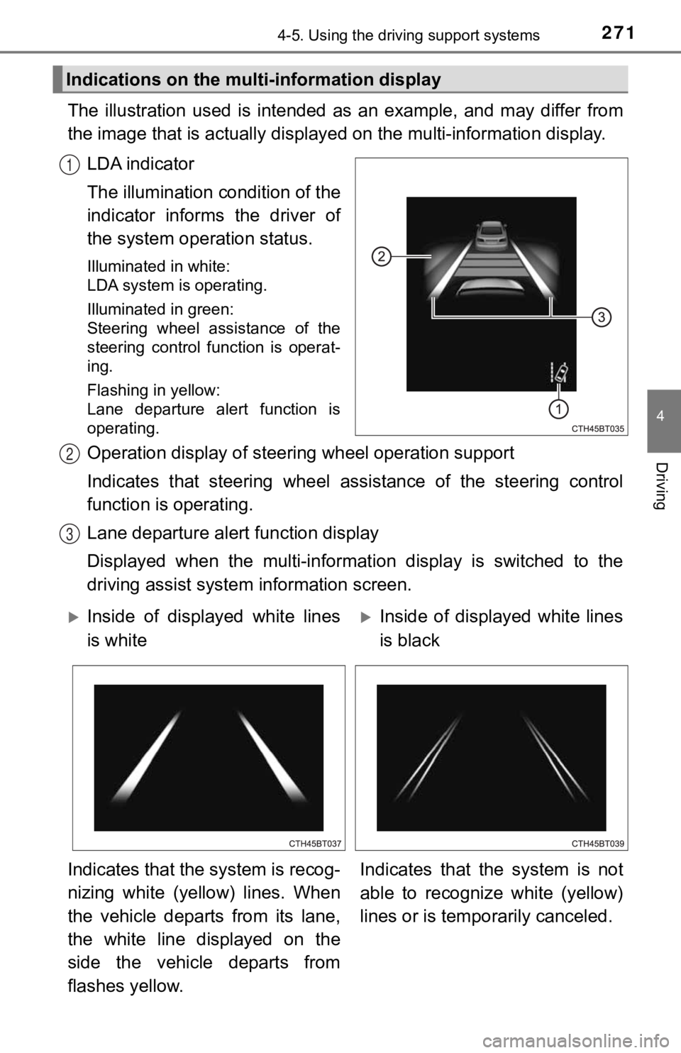 TOYOTA CAMRY HYBRID 2019 Owners Manual (in English) 2714-5. Using the driving support systems
4
Driving
The illustration used is intended as an example, and may differ from
the image that is actually display ed on the multi-information displa TOYOTA CAMRY HYBRID 2019 Owners Manual (in English) 2714-5. Using the driving support systems
4
Driving
The illustration used is intended as an example, and may differ from
the image that is actually display ed on the multi-information displa