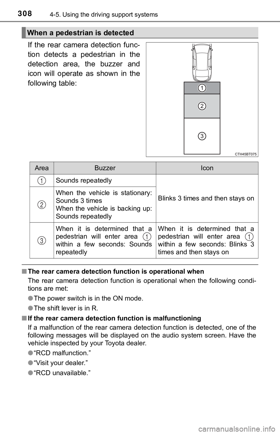 TOYOTA CAMRY HYBRID 2019 Owners Manual (in English) 3084-5. Using the driving support systems
If the rear camera detection func-
tion detects a pedestrian in the
detection area, the buzzer and
icon will operate as shown in the
follo TOYOTA CAMRY HYBRID 2019 Owners Manual (in English) 3084-5. Using the driving support systems
If the rear camera detection func-
tion detects a pedestrian in the
detection area, the buzzer and
icon will operate as shown in the
follo