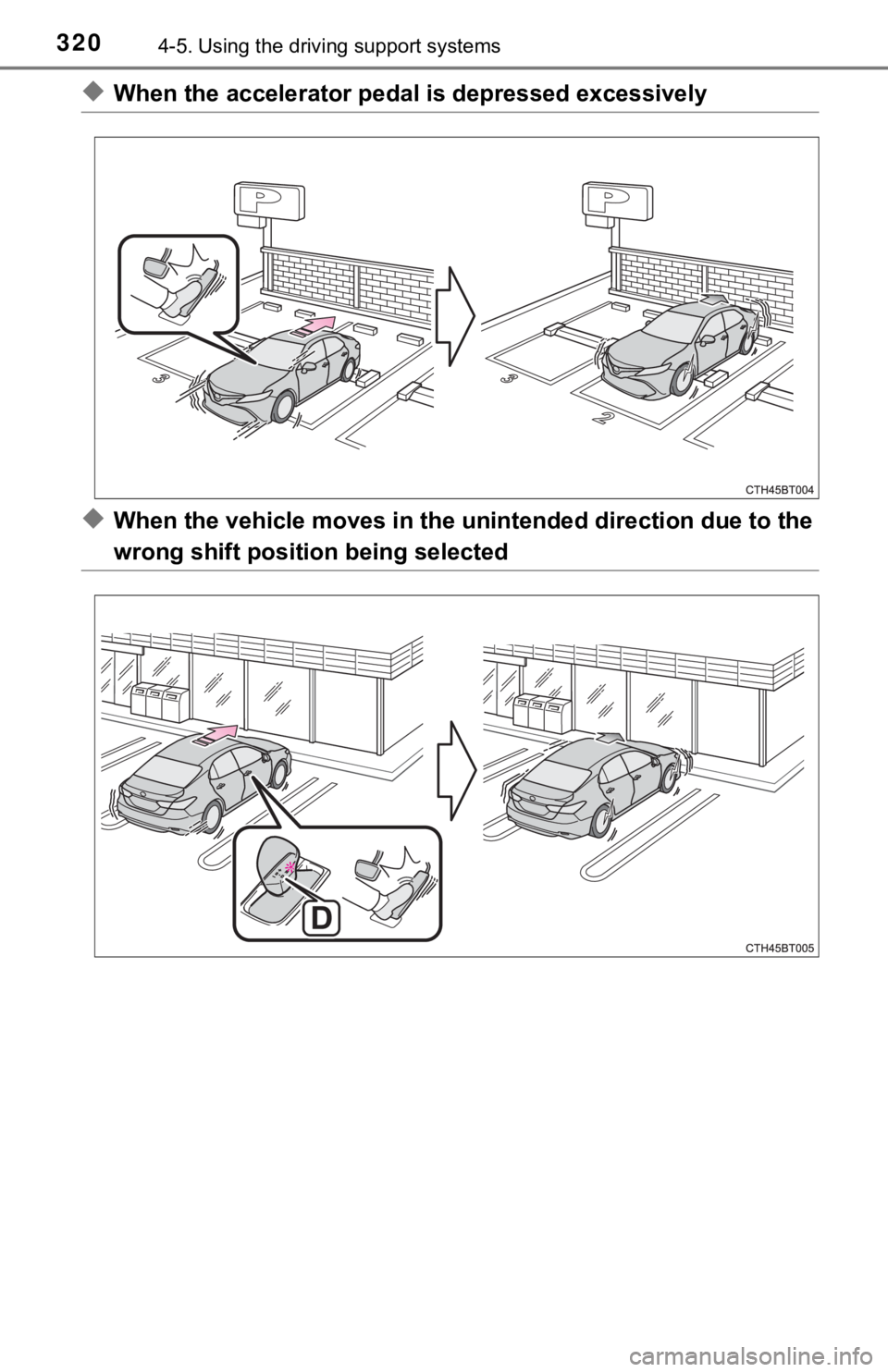 TOYOTA CAMRY HYBRID 2019  Owners Manual (in English) 3204-5. Using the driving support systems
◆When the accelerator ped al is depressed excessively
◆When the vehicle moves in the  unintended direction due to the
wrong shift position being selected 