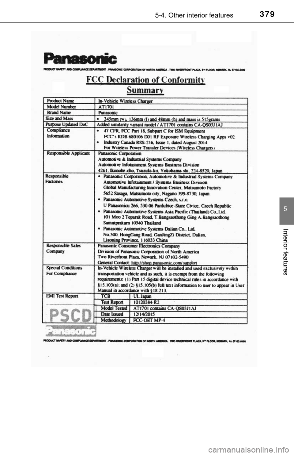 TOYOTA CAMRY HYBRID 2019  Owners Manual (in English) 3795-4. Other interior features
5
Interior features 