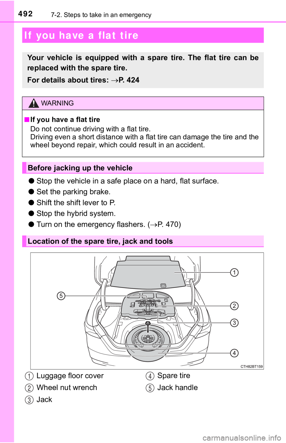TOYOTA CAMRY HYBRID 2019  Owners Manual (in English) 4927-2. Steps to take in an emergency
●Stop the vehicle in  a safe place on a hard, flat surface.
● Set the parking brake.
● Shift the shift lever to P.
● Stop the hybrid system.
● Turn on t