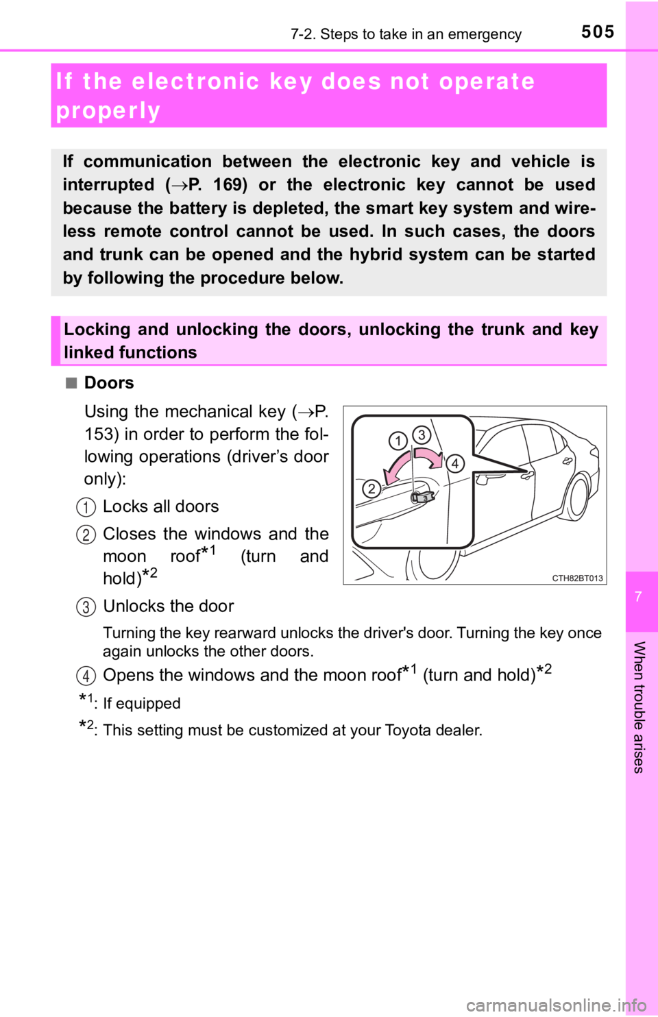 TOYOTA CAMRY HYBRID 2019  Owners Manual (in English) 5057-2. Steps to take in an emergency
7
When trouble arises
■Doors
Using  the  mechanical  key  (P.
153) in order to perform the fol-
lowing operations  (driver’s door
only):
Locks all doors
Cl