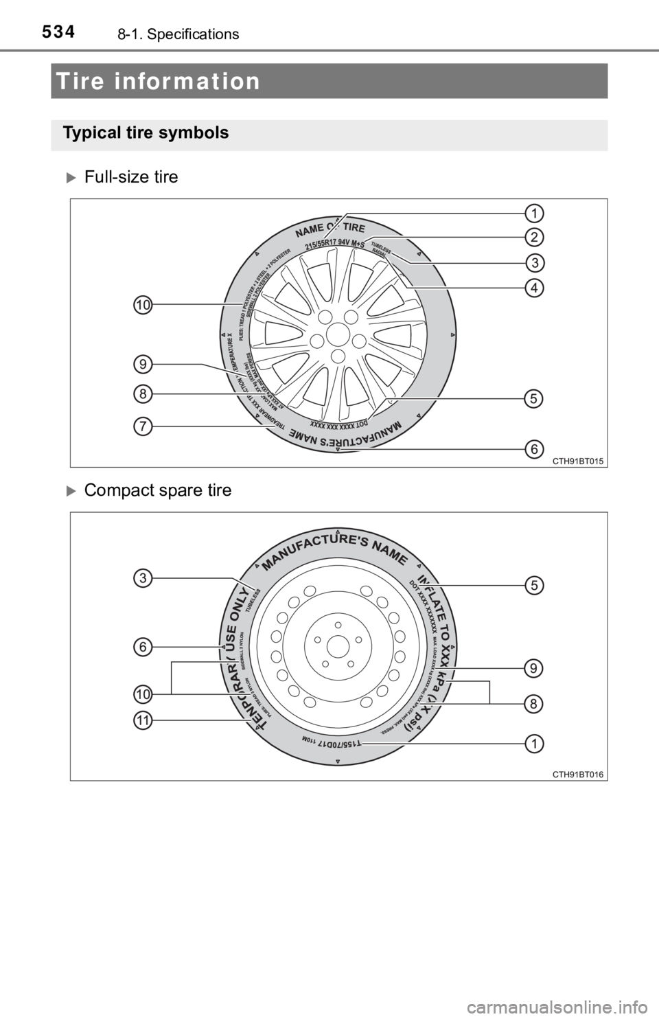 TOYOTA CAMRY HYBRID 2019  Owners Manual (in English) 5348-1. Specifications
Full-size tire
Compact spare tire
Tire information
Typical tire symbols 