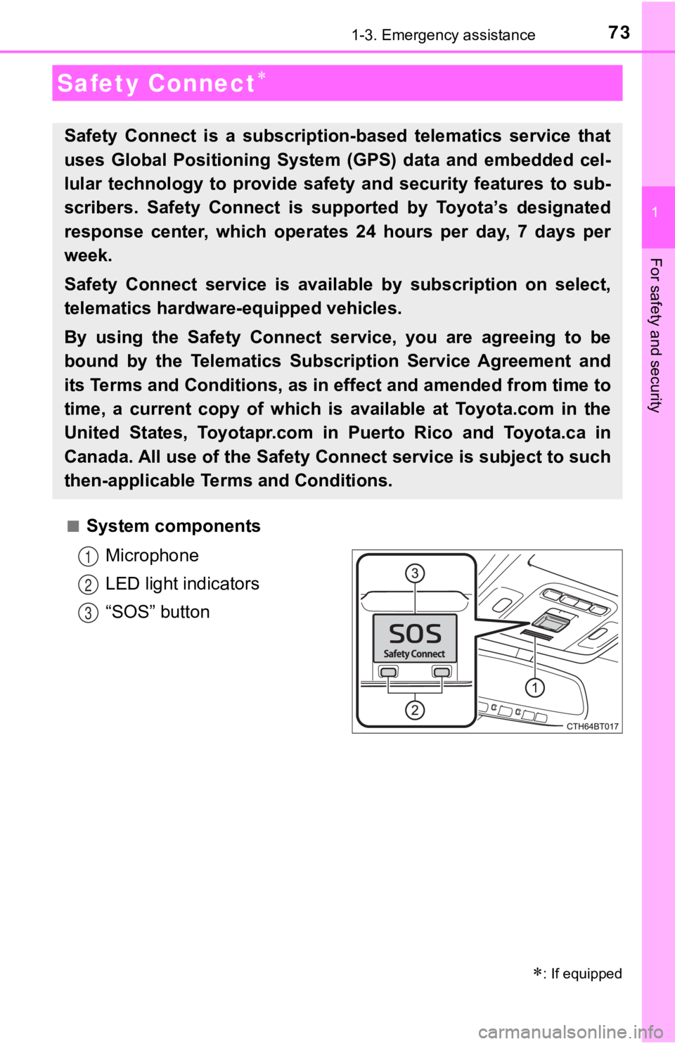 TOYOTA CAMRY HYBRID 2019 Owners Manual (in English) 73
1
For safety and security
1-3. Emergency assistance
■System componentsMicrophone
LED light indicators
“SOS” button
Safety Connect
: If equipped
Safety Connect is a subscription-base TOYOTA CAMRY HYBRID 2019 Owners Manual (in English) 73
1
For safety and security
1-3. Emergency assistance
■System componentsMicrophone
LED light indicators
“SOS” button
Safety Connect
: If equipped
Safety Connect is a subscription-base