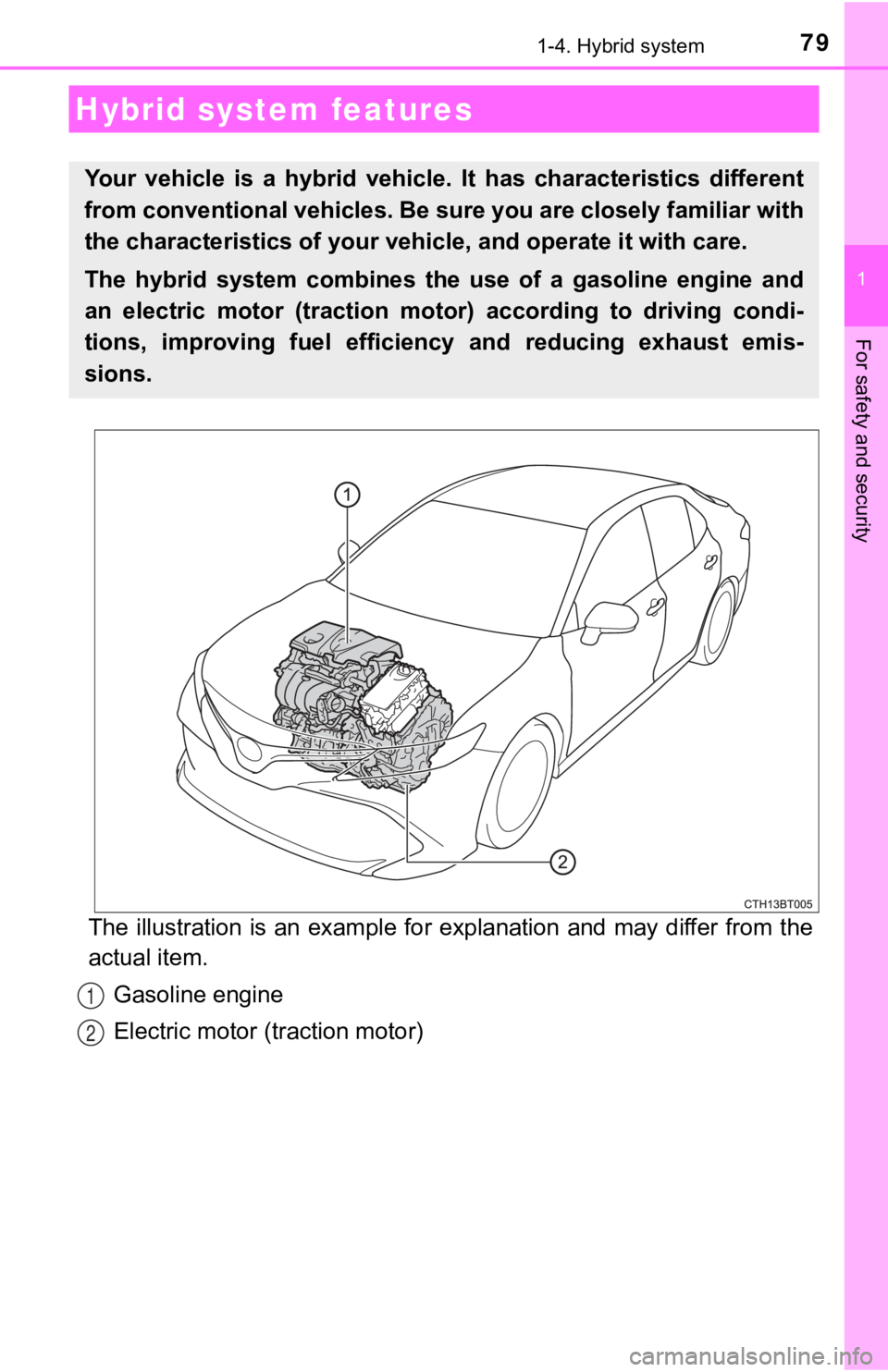 TOYOTA CAMRY HYBRID 2019  Owners Manual (in English) 79
1
For safety and security
1-4. Hybrid system
The illustration is an example for explanation and may differ from the
actual item.
Gasoline engine
Electric motor (traction motor)
Hybrid system featur