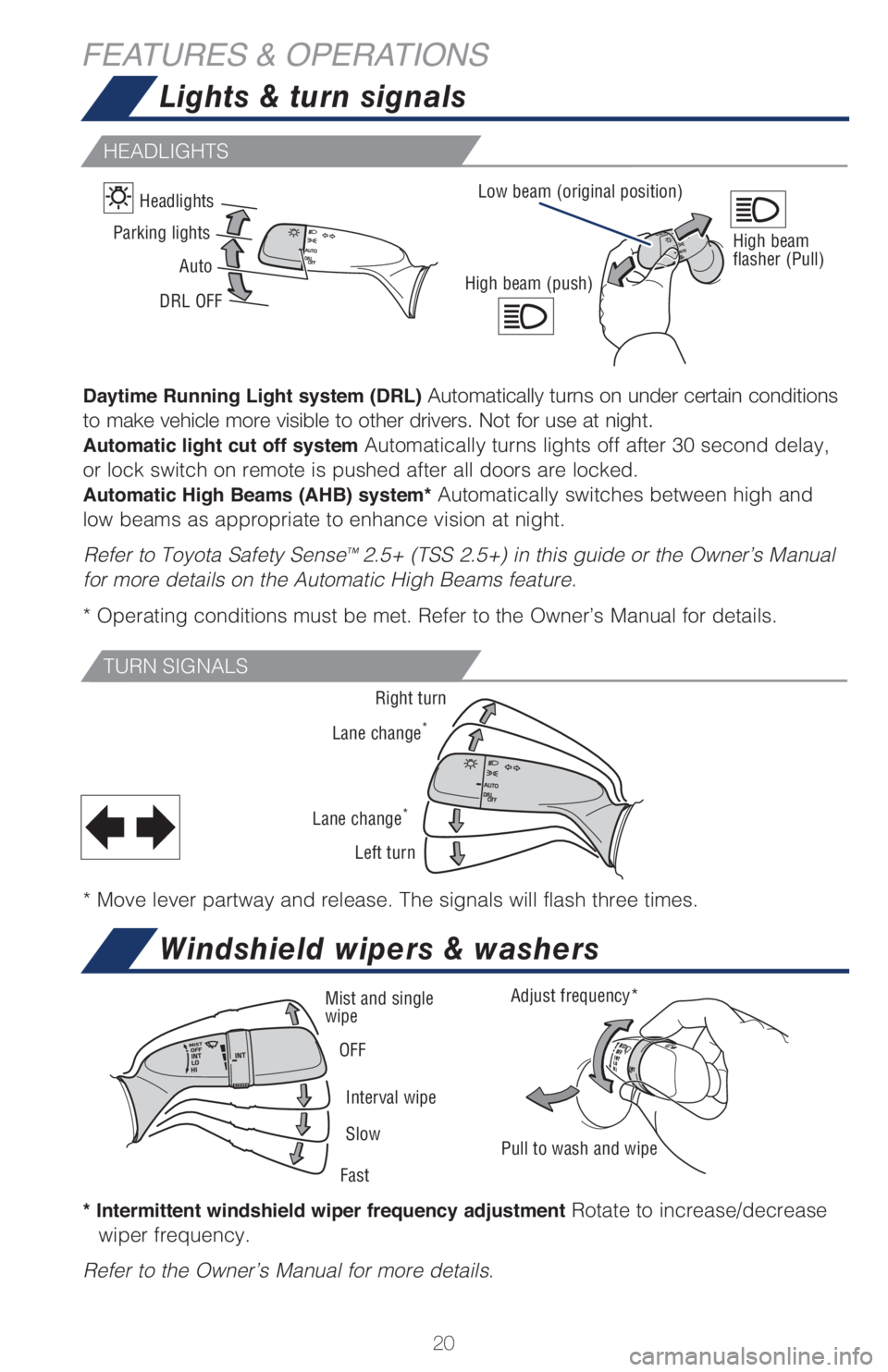 TOYOTA CAMRY HYBRID 2021 Owners Manual (in English) 20
HEADLIGHTS
TURN SIGNALS
* Intermittent windshield wiper frequency adjustment Rotate to increase/decrease
wiper frequency.
Refer to the Owner’s Manual for more details.
Lights & turn signals
Wind TOYOTA CAMRY HYBRID 2021 Owners Manual (in English) 20
HEADLIGHTS
TURN SIGNALS
* Intermittent windshield wiper frequency adjustment Rotate to increase/decrease
wiper frequency.
Refer to the Owner’s Manual for more details.
Lights & turn signals
Wind