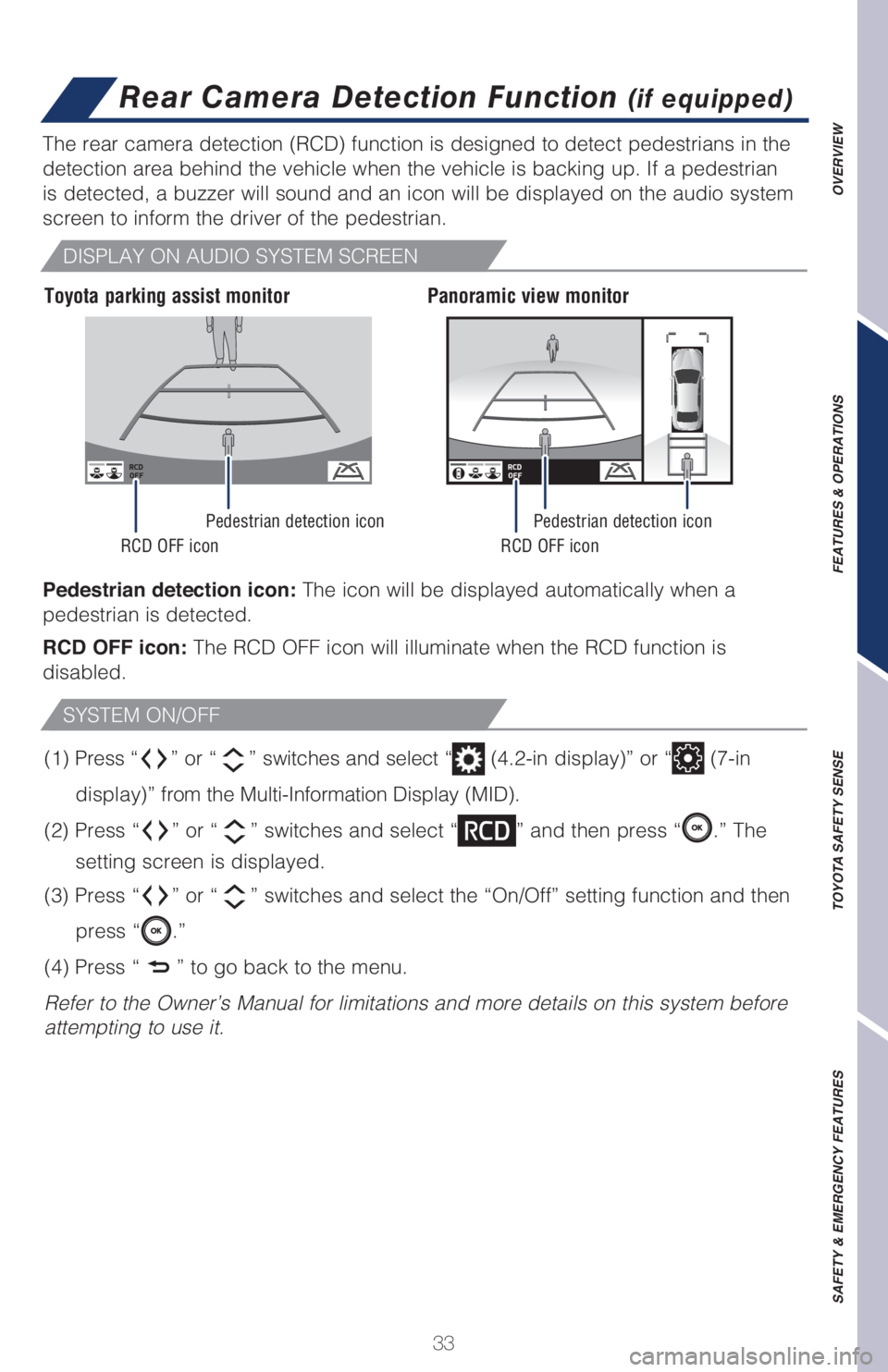 TOYOTA CAMRY HYBRID 2021 Owners Manual (in English) 33
OVERVIEW FEATURES & OPERATIONS TOYOTA SAFETY SENSE SAFETY & EMERGENCY FEATURES
Pedestrian detection icon: The icon will be displayed automatically when a
pedestrian is detected.
RCD OFF icon: The TOYOTA CAMRY HYBRID 2021 Owners Manual (in English) 33
OVERVIEW FEATURES & OPERATIONS TOYOTA SAFETY SENSE SAFETY & EMERGENCY FEATURES
Pedestrian detection icon: The icon will be displayed automatically when a
pedestrian is detected.
RCD OFF icon: The