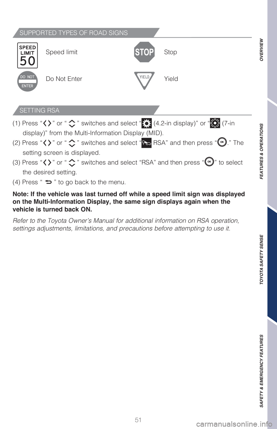 TOYOTA CAMRY HYBRID 2021  Owners Manual (in English) 51
OVERVIEW FEATURES & OPERATIONS TOYOTA SAFETY SENSE SAFETY & EMERGENCY FEATURES
SUPPORTED TYPES OF ROAD SIGNS
SETTING RSA
Speed limit Stop
Do Not Enter Yield
(1) Press “
” or “” switches and