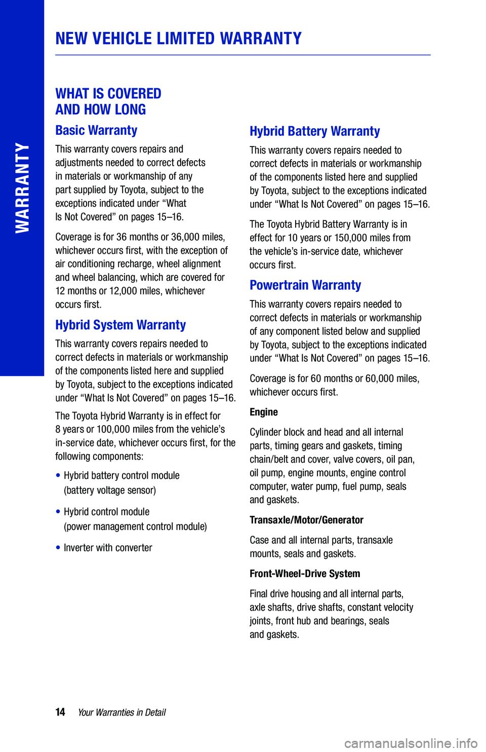 TOYOTA CAMRY HYBRID 2021  Warranties & Maintenance Guides (in English) NEW VEHICLE LIMITED WARRANTY
 
WHAT IS COVERED  
AND HOW LONG
Basic Warranty
64436_19-TCS-14194_TXT.indd   1464436_19-TCS-14194_TXT.indd   148/20/20   2:56 PM8/20/20   2:56 PM 