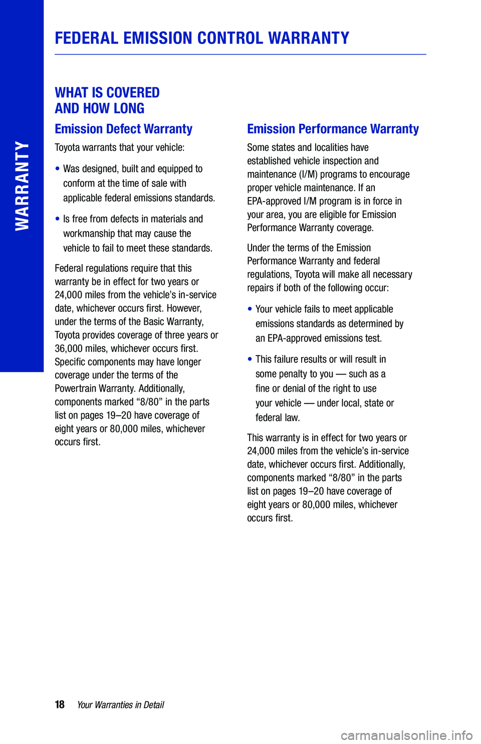 TOYOTA CAMRY HYBRID 2021  Warranties & Maintenance Guides (in English) FEDERAL EMISSION CONTROL WARRANTY
 
WHAT IS COVERED  
AND HOW LONG
Emission Defect Warranty
64436_19-TCS-14194_TXT.indd   1864436_19-TCS-14194_TXT.indd   188/20/20   2:56 PM8/20/20   2:56 PM 