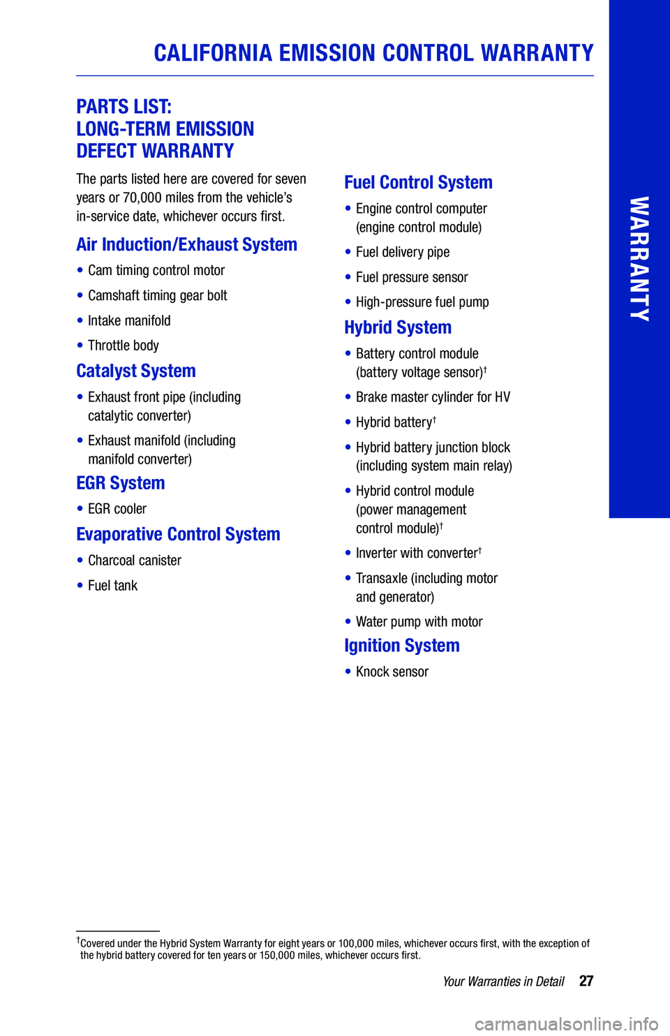 TOYOTA CAMRY HYBRID 2021  Warranties & Maintenance Guides (in English) CALIFORNIA EMISSION CONTROL WARRANTY
PARTS LIST: 
LONG-TERM EMISSION   
DEFECT WARRANTY
64436_19-TCS-14194_TXT.indd   2764436_19-TCS-14194_TXT.indd   278/20/20   2:56 PM8/20/20   2:56 PM 