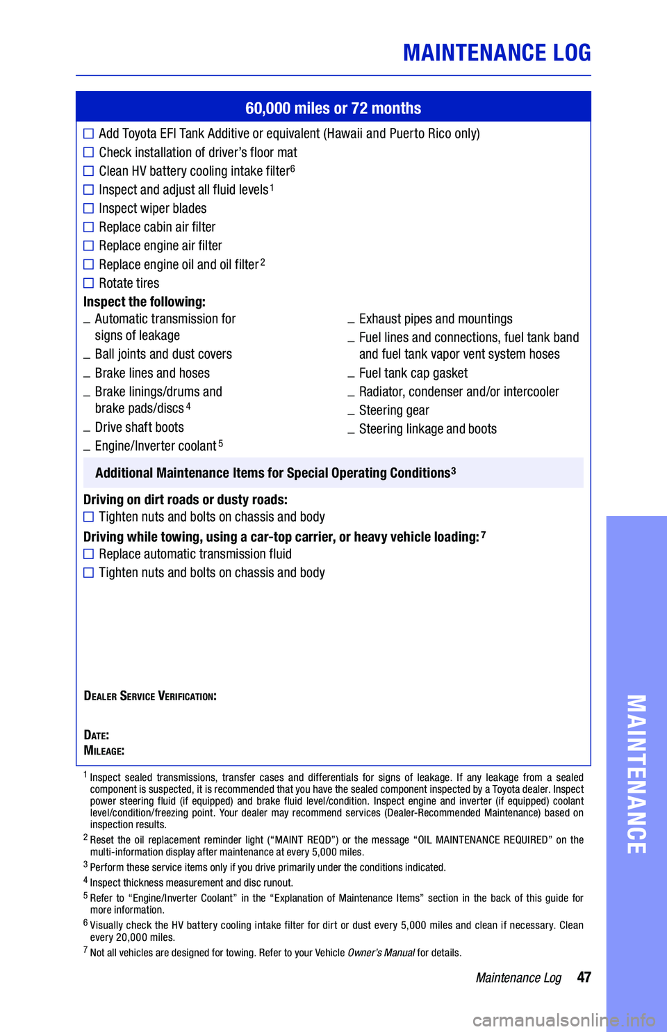 TOYOTA CAMRY HYBRID 2021  Warranties & Maintenance Guides (in English) MAINTENANCE LOG
	■
	■
	■
	■
	■
	■
	■
	■
	■
	■
	■
	■
64436_19-TCS-14194_TXT.indd   4764436_19-TCS-14194_TXT.indd   478/20/20   2:56 PM8/20/20   2:56 PM 