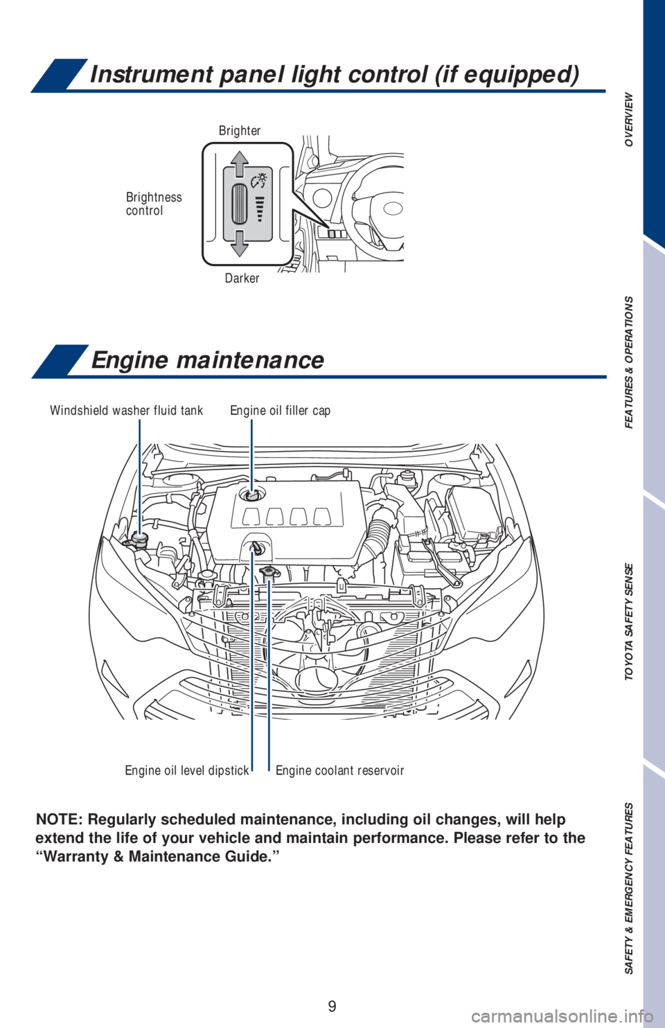 TOYOTA COROLLA 2019  Owners Manual (in English) 9
OVERVIEW FEATURES & OPERATIONS TOYOTA SAFETY SENSE SAFETY & EMERGENCY FEATURES
NOTE: Regularly scheduled maintenance, including  oil changes, will help 
extend the life of your vehicle and maintain 