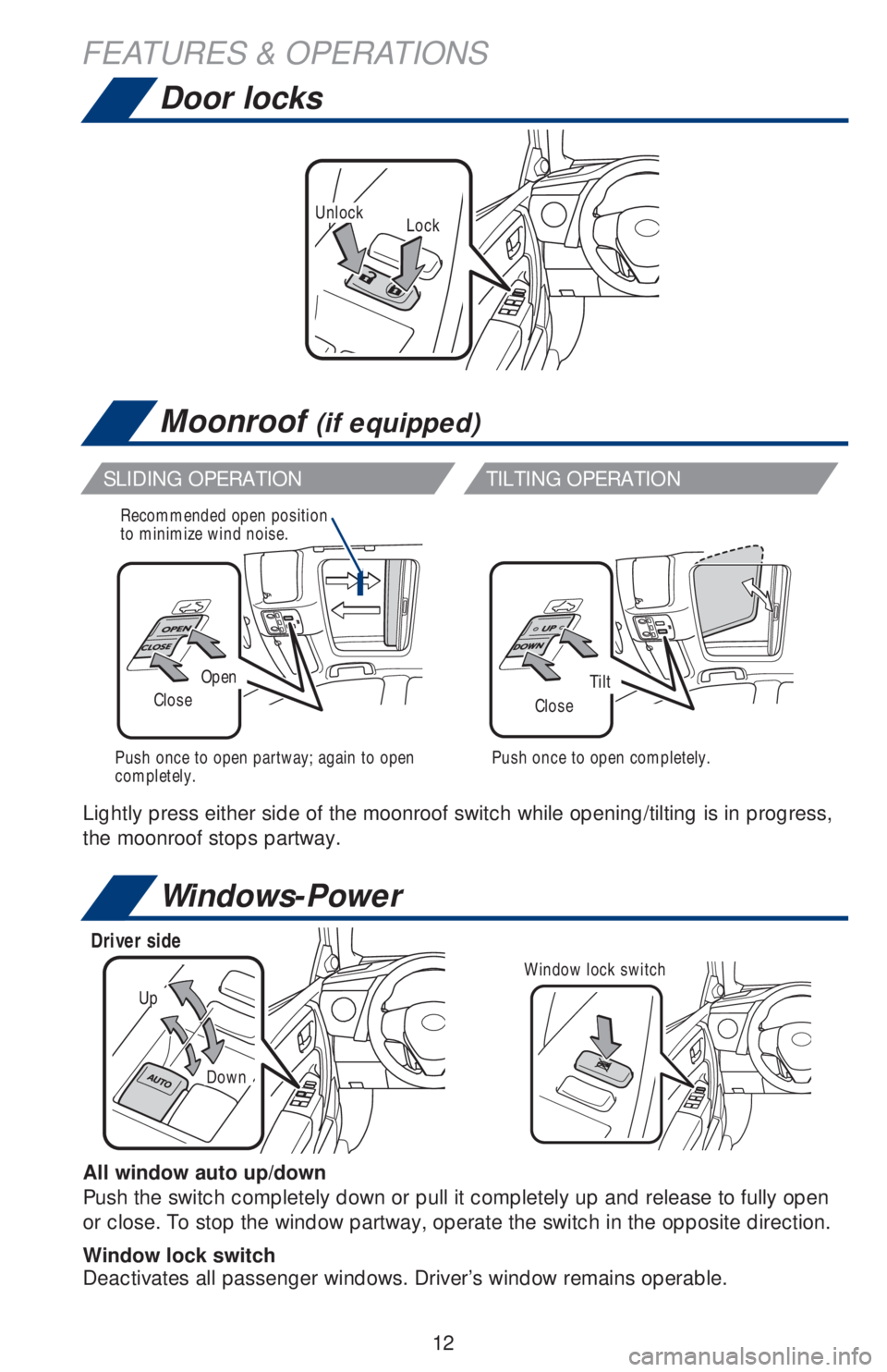 TOYOTA COROLLA 2019  Owners Manual (in English) 12
LockUnlock
Door locks
Moonroof (if equipped)
OpenTiltCloseClose
Recommended open position
to minimize wind noise.
Push once to open partway; again to open 
completely.Push once to open completely.
