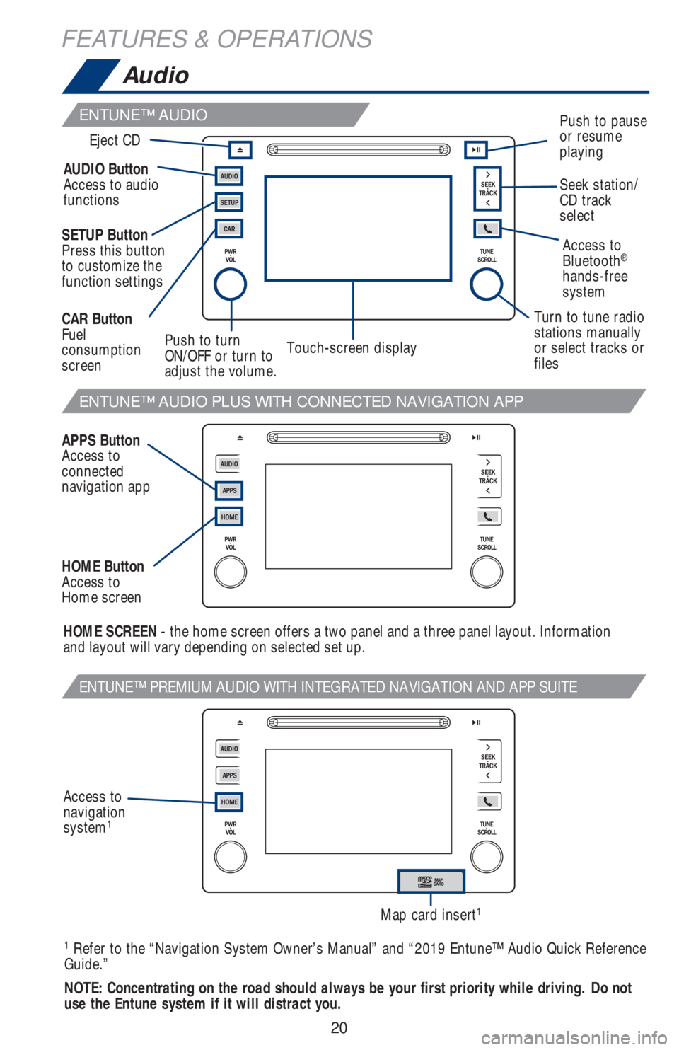 TOYOTA COROLLA 2019  Owners Manual (in English) 20
FEATURES & OPERATIONS
ENTUNE™ AUDIO PLUS WITH CONNECTED NAVIGATION APP
ENTUNE™ PREMIUM AUDIO WITH INTEGRATED NAVIGATION AND APP SUITE
Access to 
Bluetooth®
 
hands-free 
system AUDIO Button
Ac