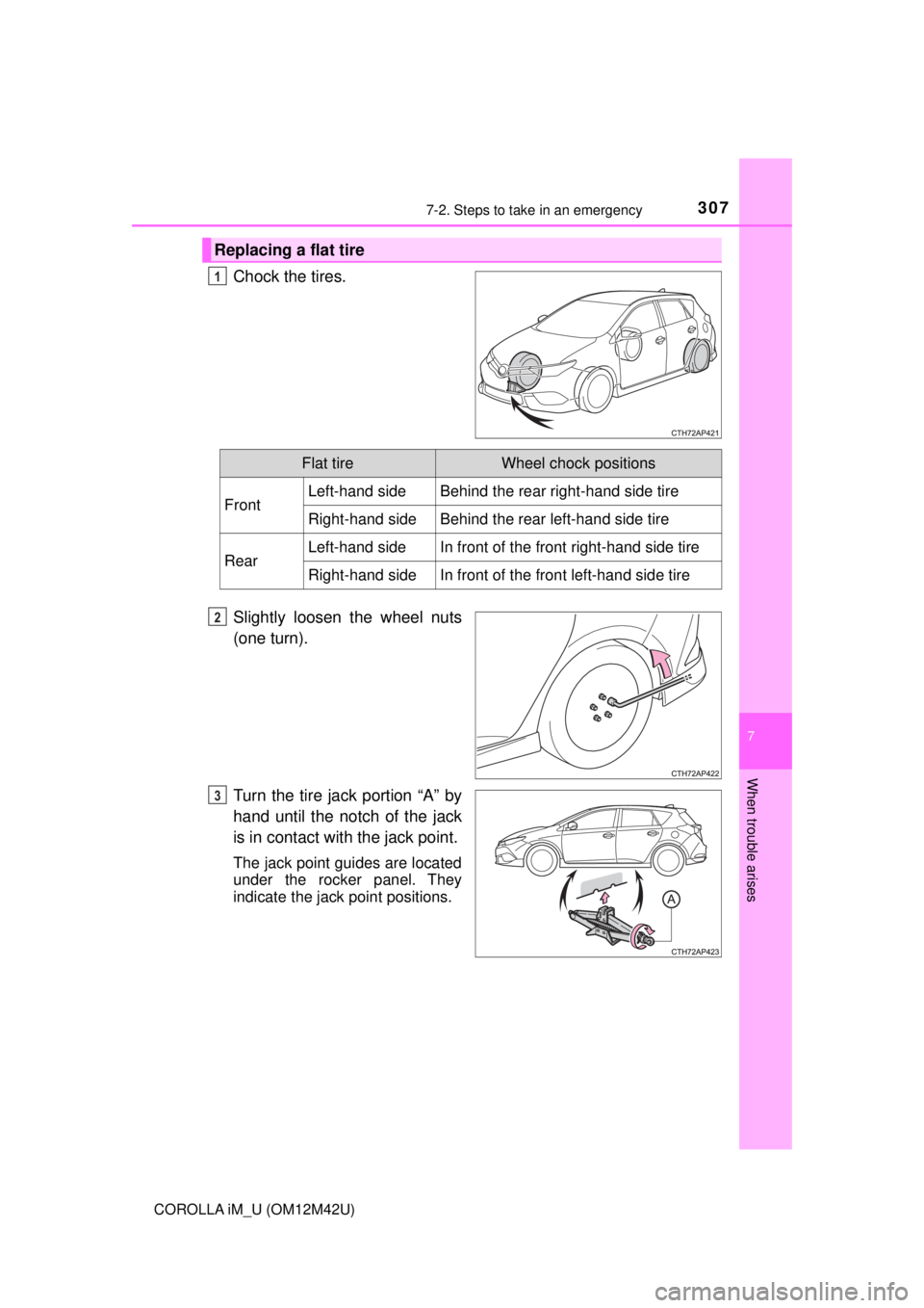 TOYOTA COROLLA iM 2018  Owners Manual (in English) 3077-2. Steps to take in an emergency
7
When trouble arises
COROLLA iM_U (OM12M42U)
Chock the tires.
Slightly loosen the wheel nuts
(one turn).
Turn the tire jack portion “A” by
hand until the not
