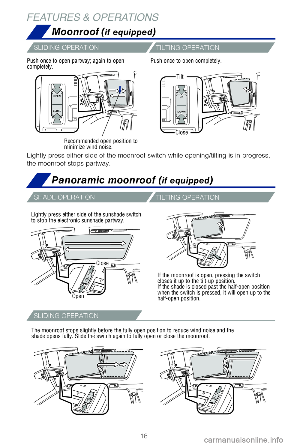 TOYOTA HIGHLANDER 2020  Owners Manual (in English) 16
SHADE OPERATIONTILTING OPERATION
Moonroof (if equipped)
Panoramic moonroof (if equipped)
FEATURES & OPERATIONS
Tilt
Close
Recommended open position to 
minimize wind noise.
If the moonroof is open,