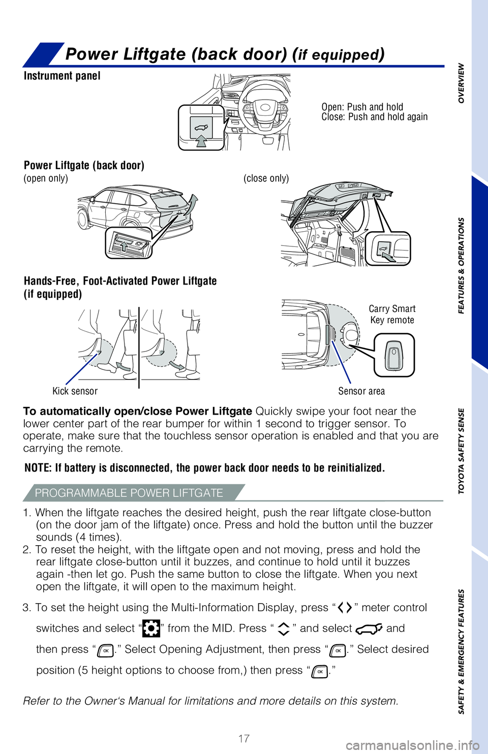 TOYOTA HIGHLANDER 2020  Owners Manual (in English) 17
OVERVIEW
FEATURES & OPERATIONS
TOYOTA SAFETY SENSE
SAFETY & EMERGENCY FEATURES
Power Liftgate (back door) (if equipped)
NOTE:   If battery is disconnected, the power back door needs to be reinitial