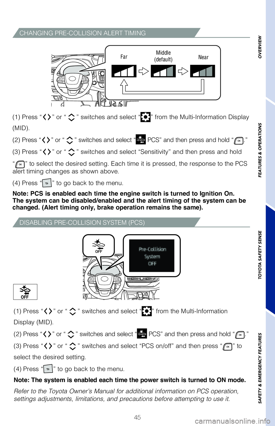 TOYOTA HIGHLANDER 2020 Owners Manual (in English) 45
CHANGING PRE-COLLISION ALERT TIMING
DISABLING PRE-COLLISION SYSTEM (PCS)
FarMiddle
(default) Near
(1) Press “” or “” switches and select “” from the Multi-Information Display
(MID).
TOYOTA HIGHLANDER 2020 Owners Manual (in English) 45
CHANGING PRE-COLLISION ALERT TIMING
DISABLING PRE-COLLISION SYSTEM (PCS)
FarMiddle
(default) Near
(1) Press “” or “” switches and select “” from the Multi-Information Display
(MID).