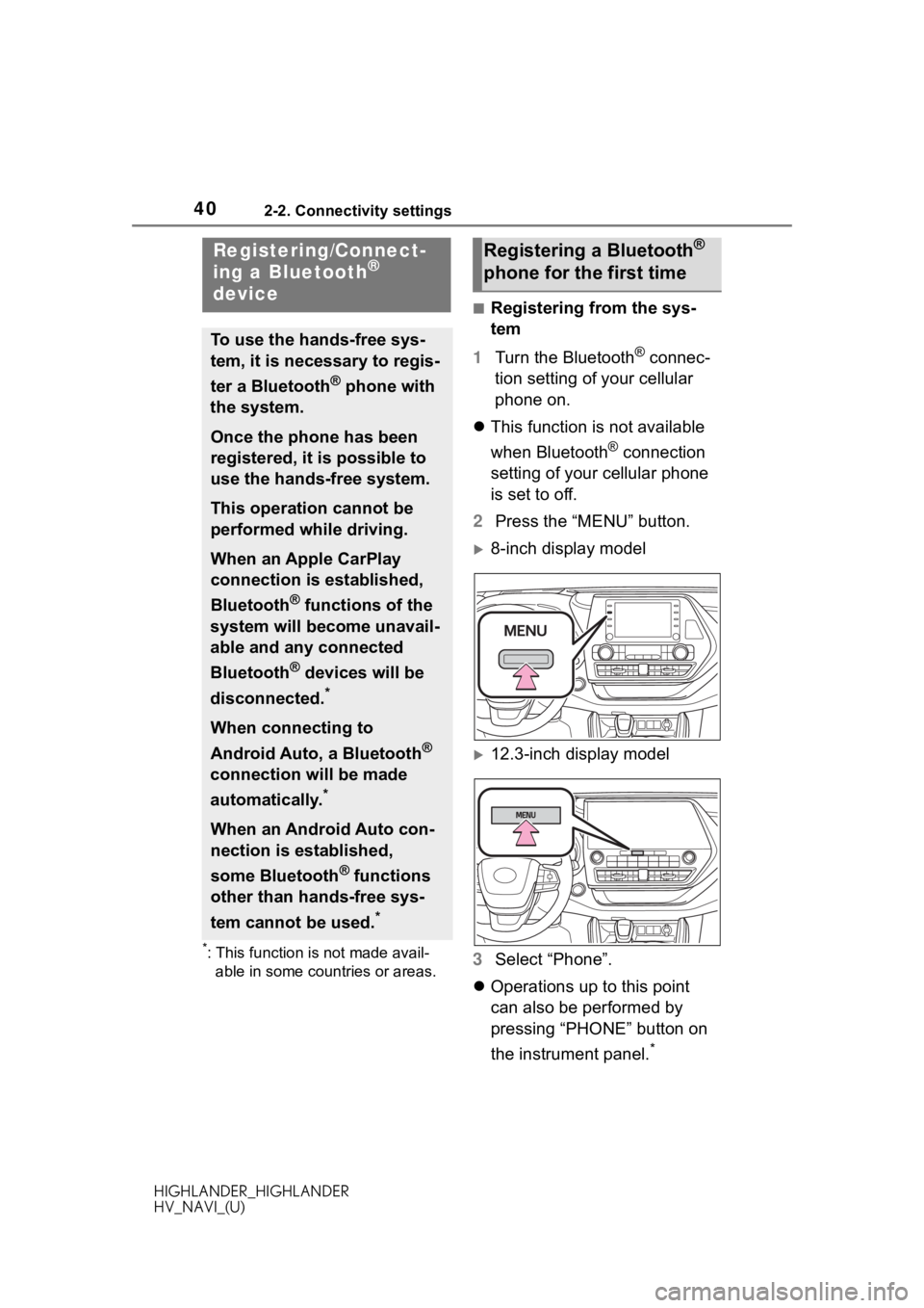 TOYOTA HIGHLANDER 2020  Accessories, Audio & Navigation (in English) 402-2. Connectivity settings
HIGHLANDER_HIGHLANDER
HV_NAVI_(U)
2-2.Connectivity settings
*: This function is not made avail-able in some countries or areas.
■Registering from the sys-
tem
1 Turn the