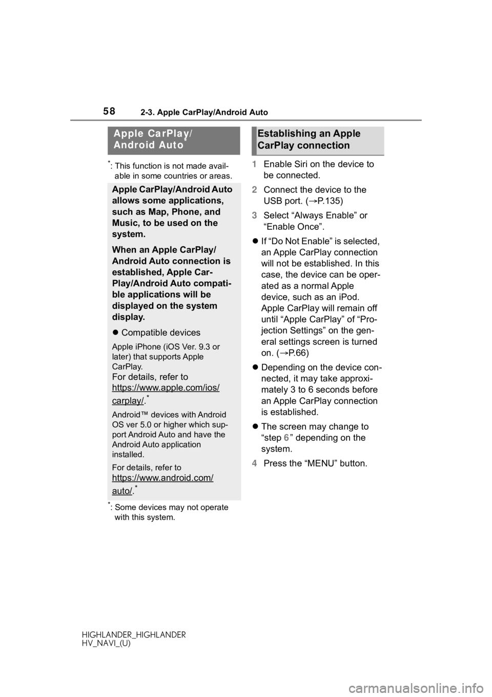 TOYOTA HIGHLANDER 2020 Accessories, Audio & Navigation (in English) 582-3. Apple CarPlay/Android Auto
HIGHLANDER_HIGHLANDER
HV_NAVI_(U)
2-3.Apple CarPlay/Android Auto
*: This function is not made avail-able in some countries or areas.
*: Some devices may not operate w TOYOTA HIGHLANDER 2020 Accessories, Audio & Navigation (in English) 582-3. Apple CarPlay/Android Auto
HIGHLANDER_HIGHLANDER
HV_NAVI_(U)
2-3.Apple CarPlay/Android Auto
*: This function is not made avail-able in some countries or areas.
*: Some devices may not operate w