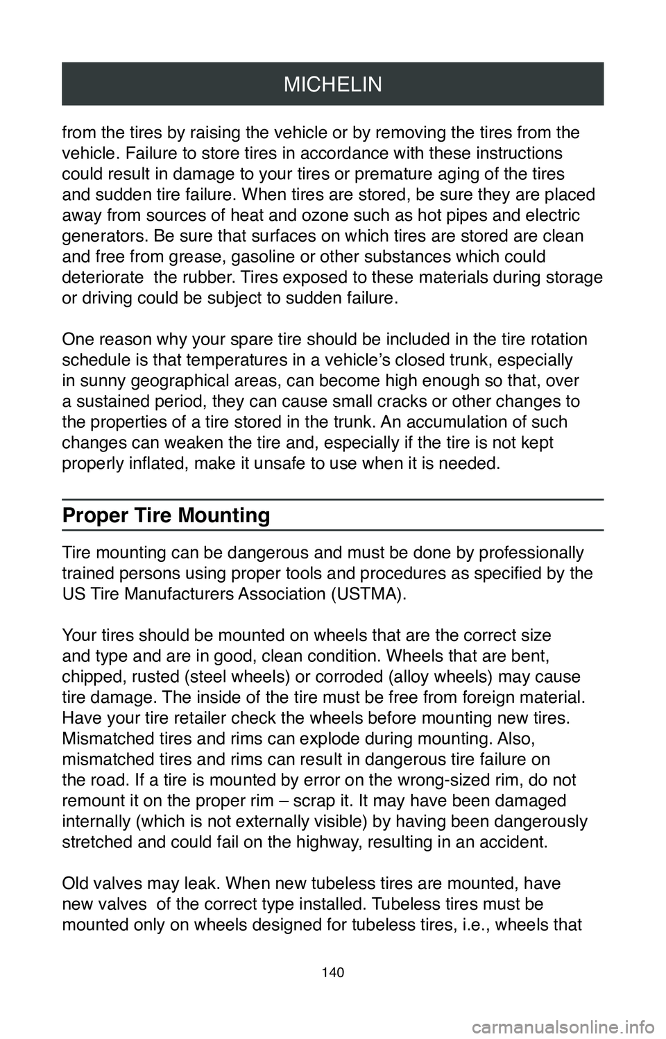 TOYOTA HIGHLANDER HYBRID 2020 Warranties & Maintenance Guides (in English) MICHELIN
140
from the tires by raising the vehicle or by removing the tires from the \
vehicle. Failure to store tires in accordance with these instructions
could result in damage to your tires or p TOYOTA HIGHLANDER HYBRID 2020 Warranties & Maintenance Guides (in English) MICHELIN
140
from the tires by raising the vehicle or by removing the tires from the \
vehicle. Failure to store tires in accordance with these instructions
could result in damage to your tires or p