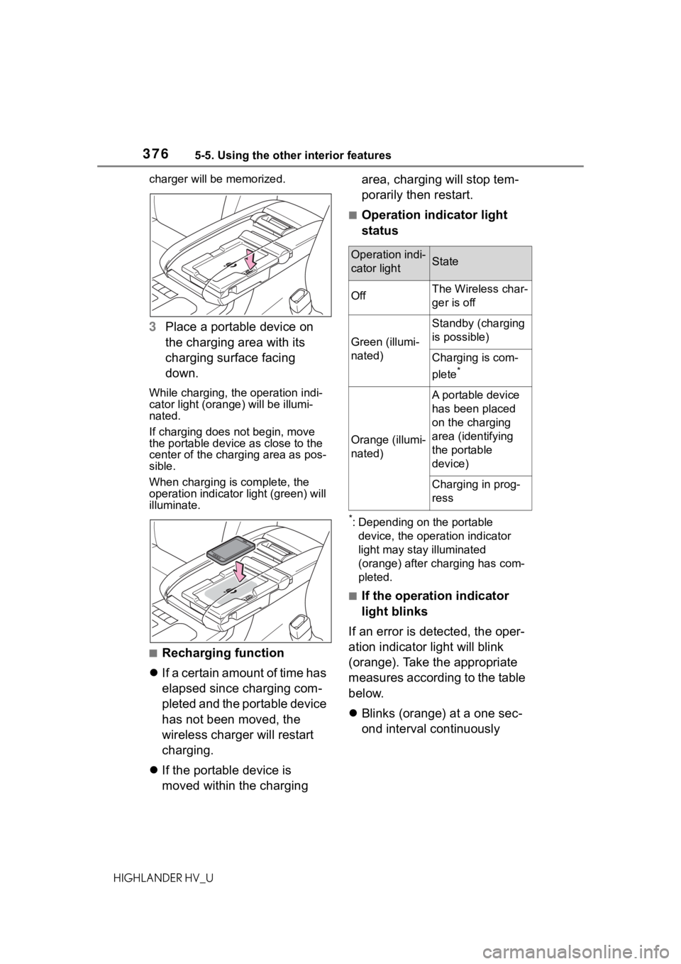 TOYOTA HIGHLANDER HYBRID 2021  Owners Manual (in English) 3765-5. Using the other interior features
HIGHLANDER HV_Ucharger will be memorized.
3
Place a portable device on 
the charging area with its 
charging surface facing 
down.
While charging, the operati