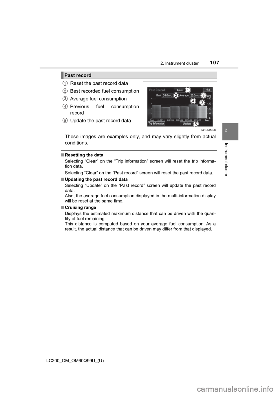 TOYOTA LAND CRUISER 2019 Owners Manual (in English) LC200_OM_OM60Q99U_(U)
1072. Instrument cluster
2
Instrument cluster
Reset the past record data
Best recorded fuel consumption
Average fuel consumption
Previous fuel consumption
record
Update the pas TOYOTA LAND CRUISER 2019 Owners Manual (in English) LC200_OM_OM60Q99U_(U)
1072. Instrument cluster
2
Instrument cluster
Reset the past record data
Best recorded fuel consumption
Average fuel consumption
Previous fuel consumption
record
Update the pas