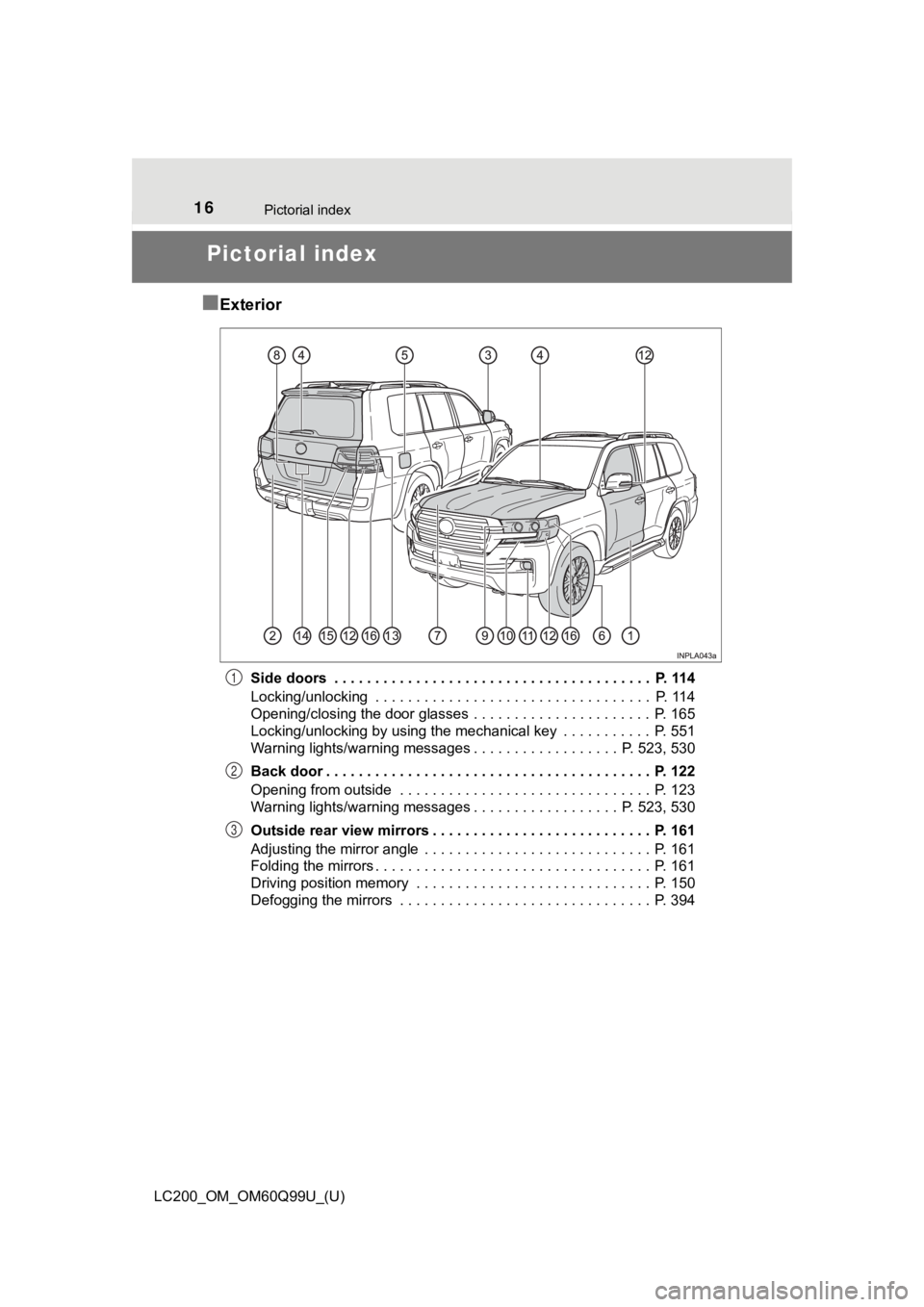 TOYOTA LAND CRUISER 2019  Owners Manual (in English) 16Pictorial index
LC200_OM_OM60Q99U_(U)
Pictorial index
■
Exterior
Side doors  . . . . . . . . . . . . . . . . . . . . . . . . . . . . . . . . . . . . . . .  P. 114
Locking/unlocking  . . . . . . . 