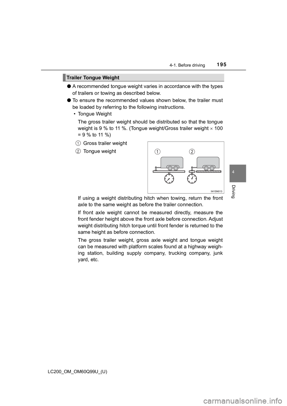 TOYOTA LAND CRUISER 2019  Owners Manual (in English) LC200_OM_OM60Q99U_(U)
1954-1. Before driving
4
Driving
●A recommended tongue weight varies in accordance with the types
of trailers or towing as described below.
● To  ensure  the  recommended  va