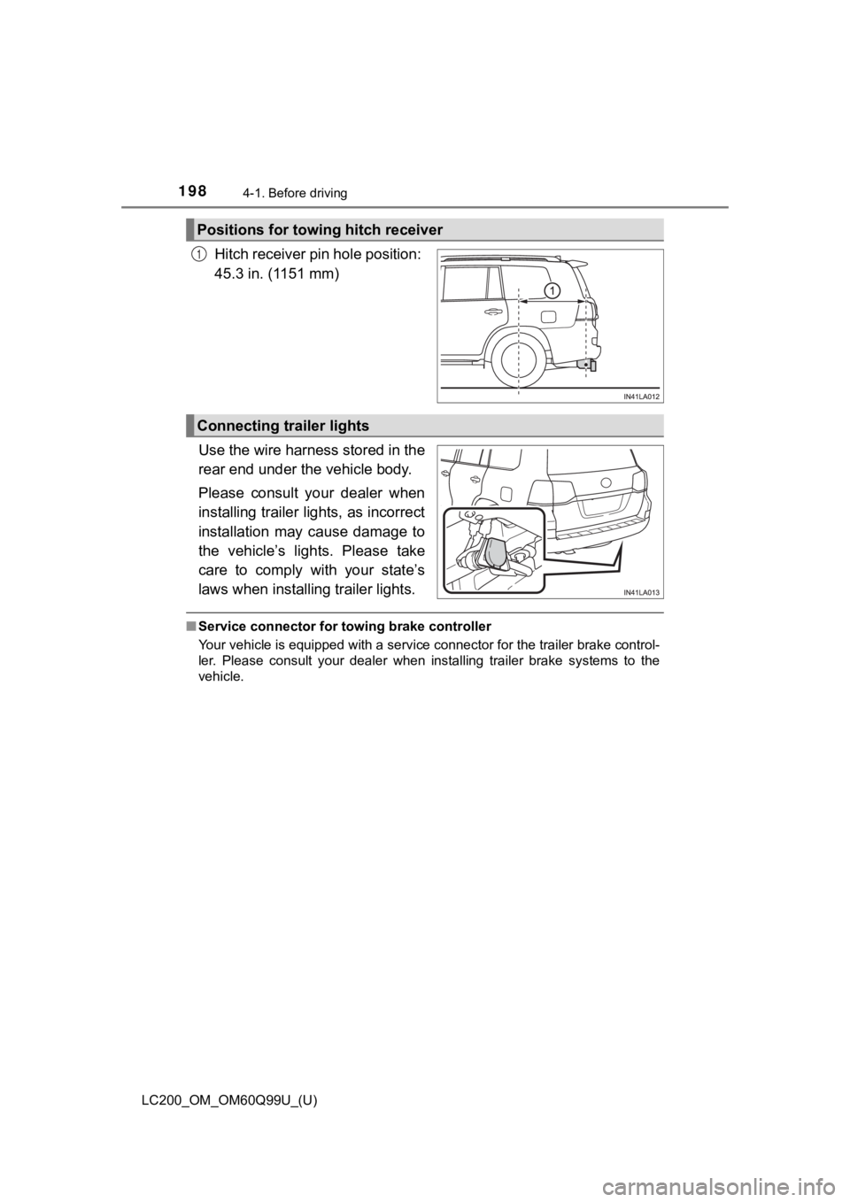 TOYOTA LAND CRUISER 2019  Owners Manual (in English) 198
LC200_OM_OM60Q99U_(U)
4-1. Before driving
Hitch receiver pin hole position: 
45.3 in. (1151 mm)
Use the wire harness stored in the
rear end under the vehicle body.
Please  consult  your  dealer  w