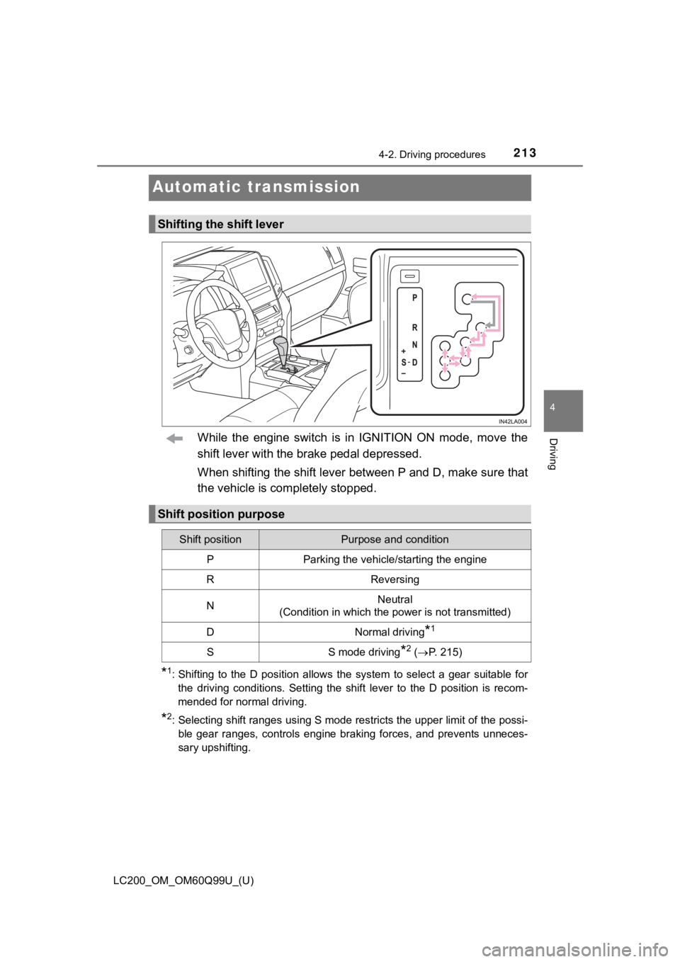 TOYOTA LAND CRUISER 2019  Owners Manual (in English) 213
LC200_OM_OM60Q99U_(U)
4-2. Driving procedures
4
Driving
Automatic transmission
While  the  engine  switch  is  in  IGNITION  ON  mode,  move  the
shift lever with the brake pedal depressed.
When s